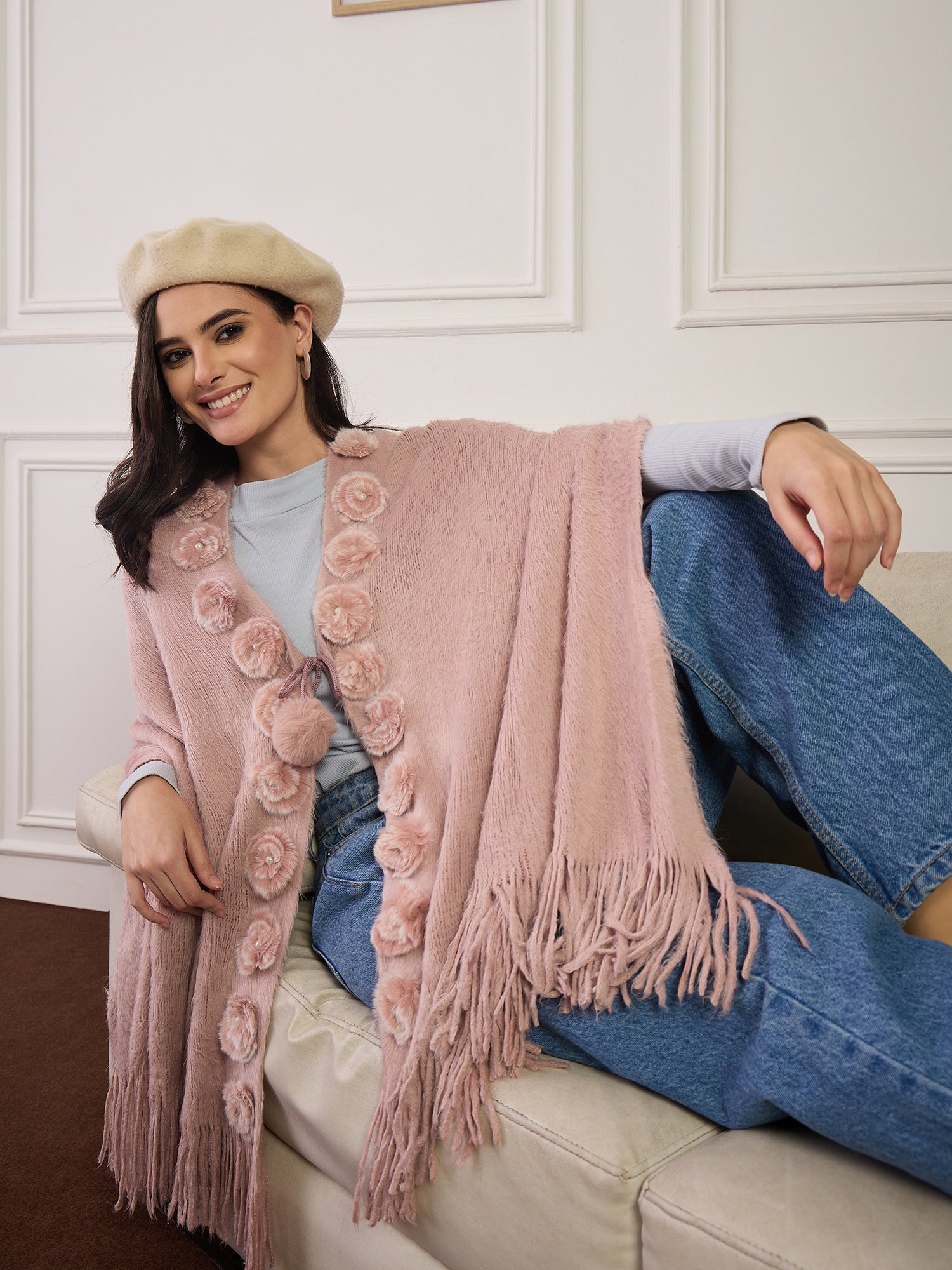Light Pink Fur Pom-Pom Poncho