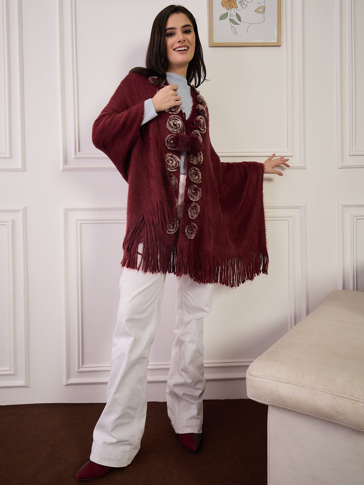 Maroon Fur Pom-Pom Poncho