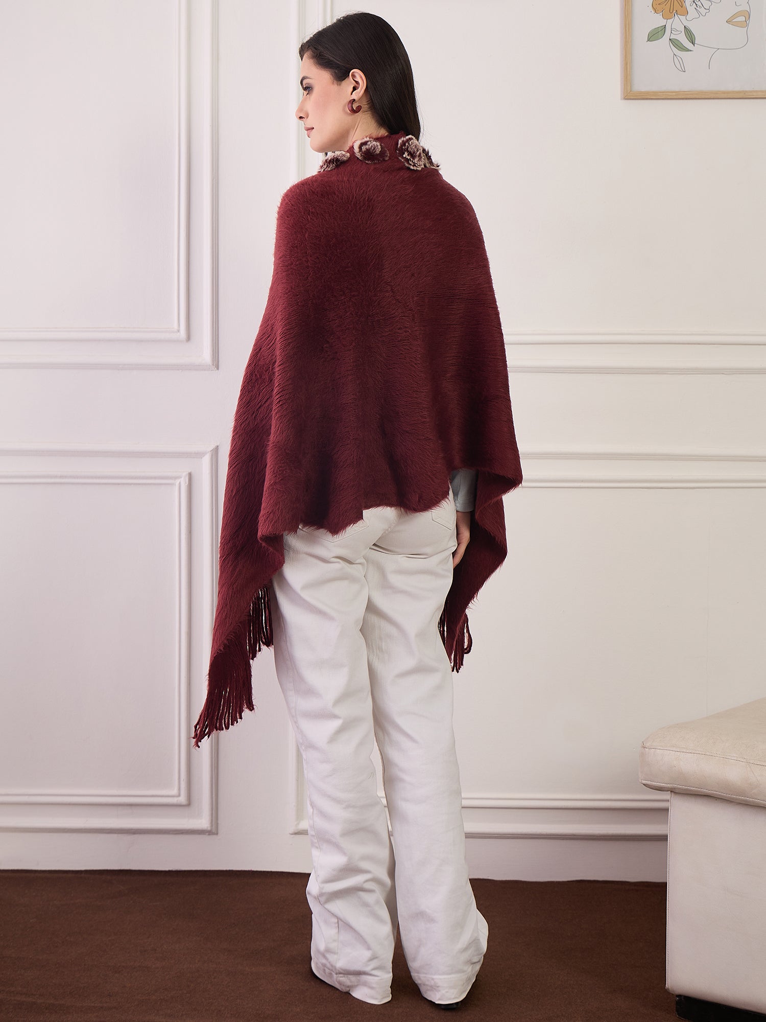Maroon Fur Pom-Pom Poncho