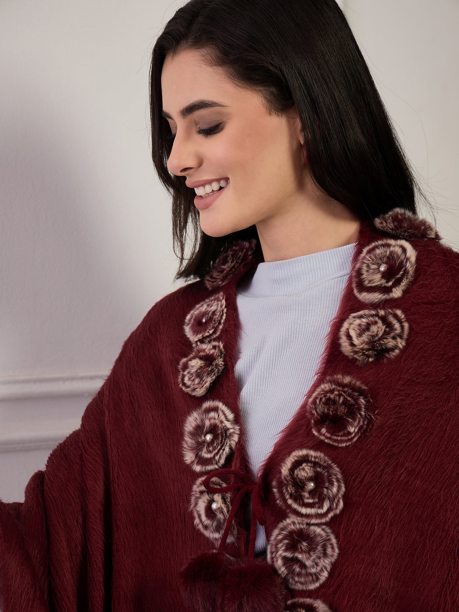 Maroon Fur Pom-Pom Poncho