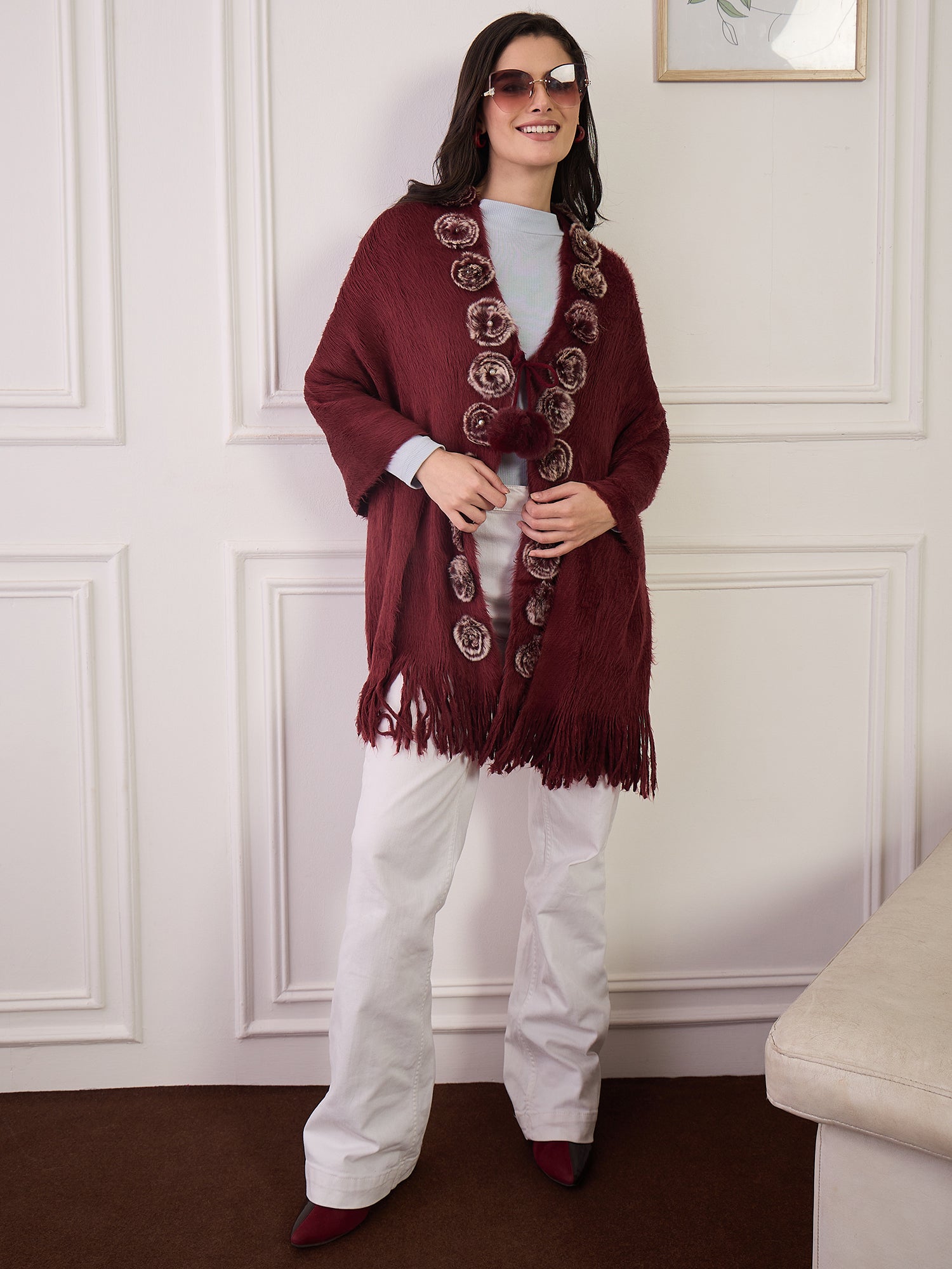Maroon Fur Pom-Pom Poncho
