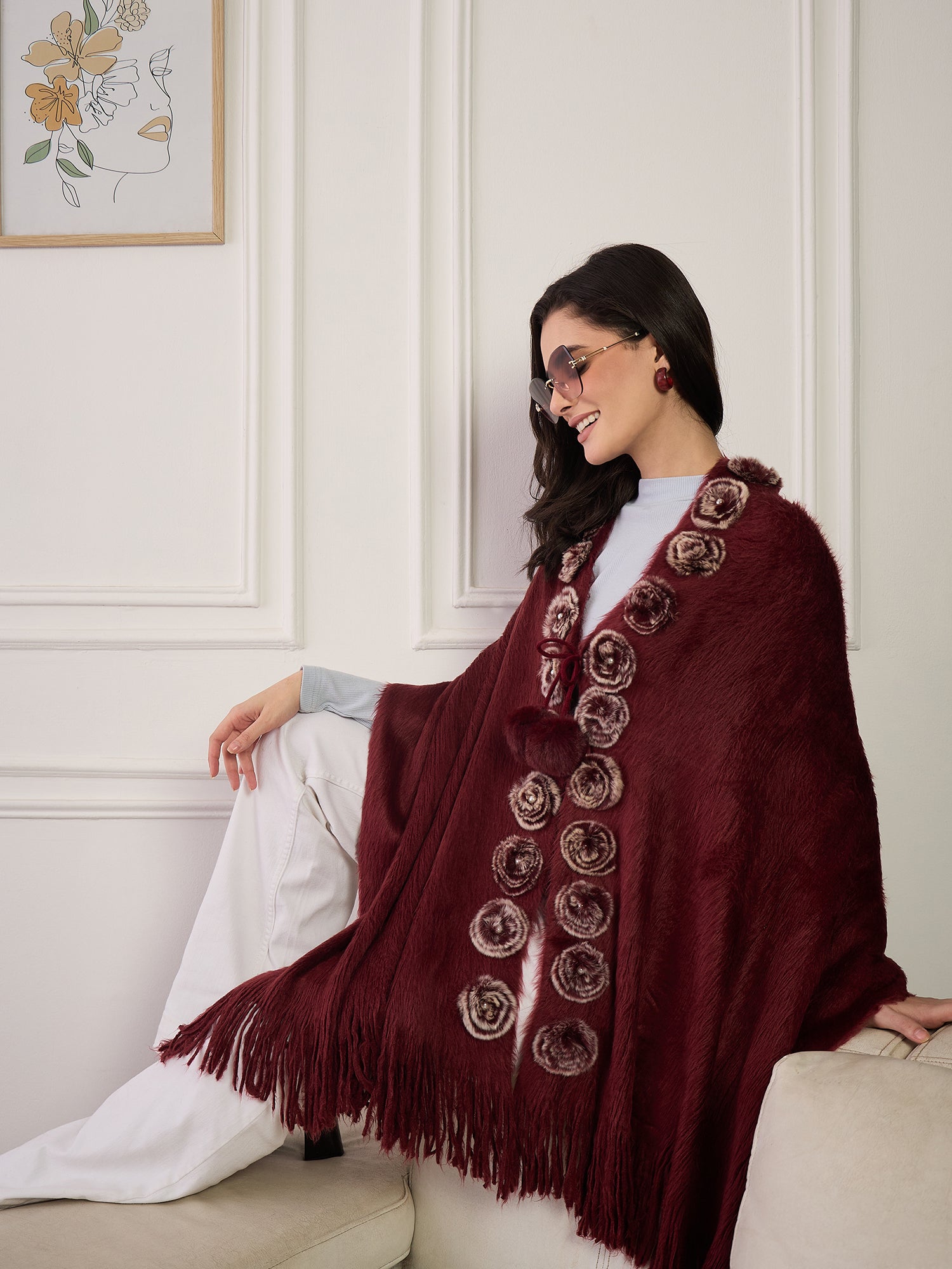 Maroon Fur Pom-Pom Poncho