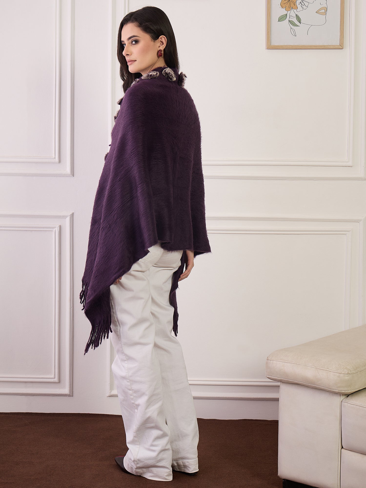 Purple Fur Pom-Pom Poncho