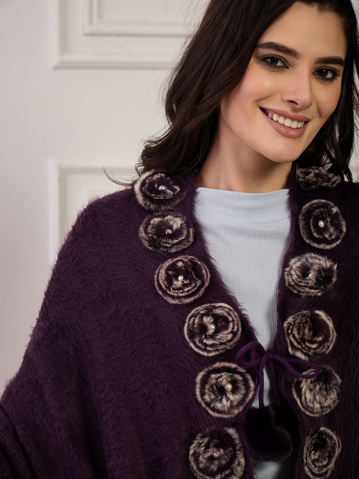 Purple Fur Pom-Pom Poncho