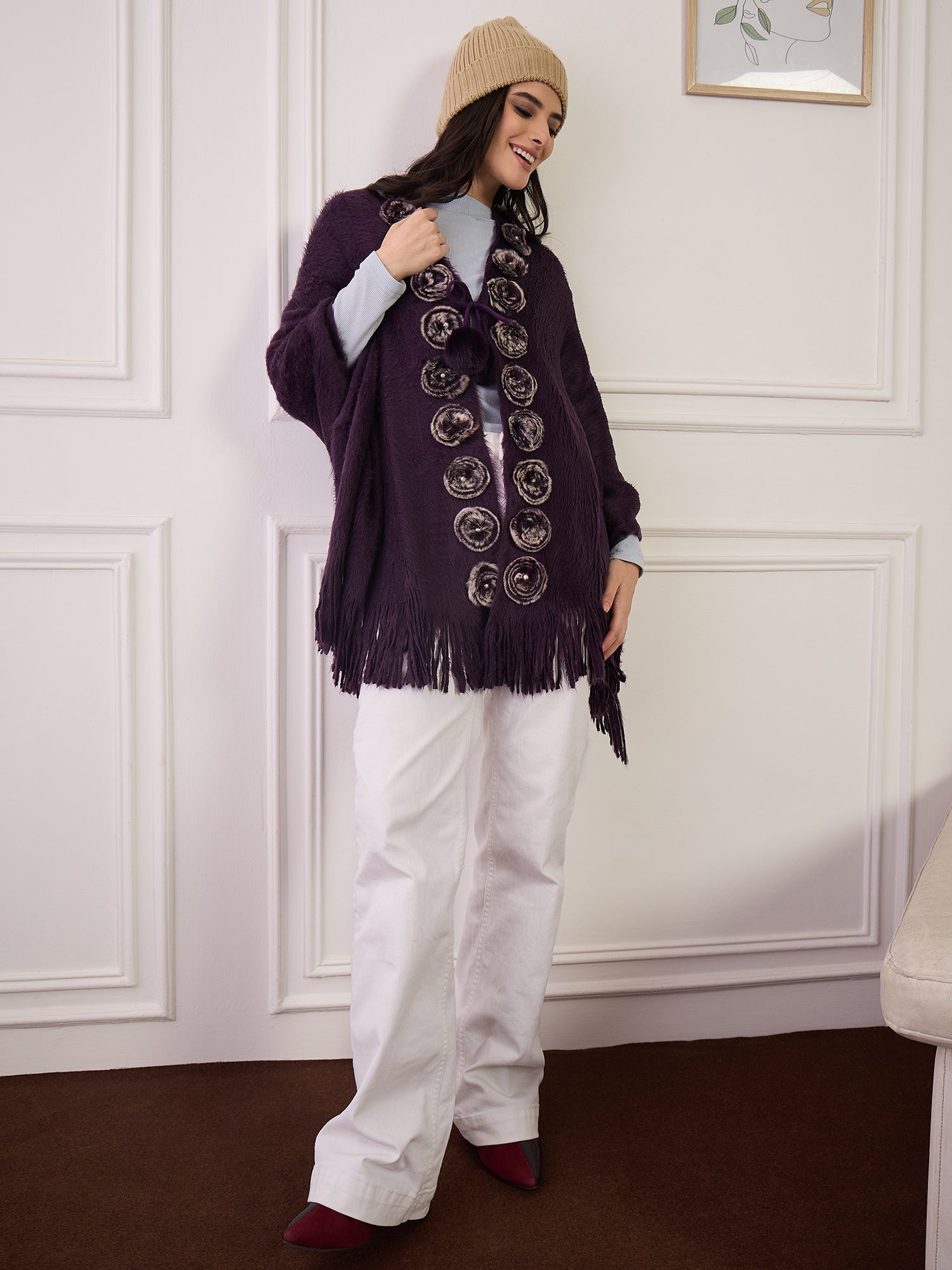 Purple Fur Pom-Pom Poncho