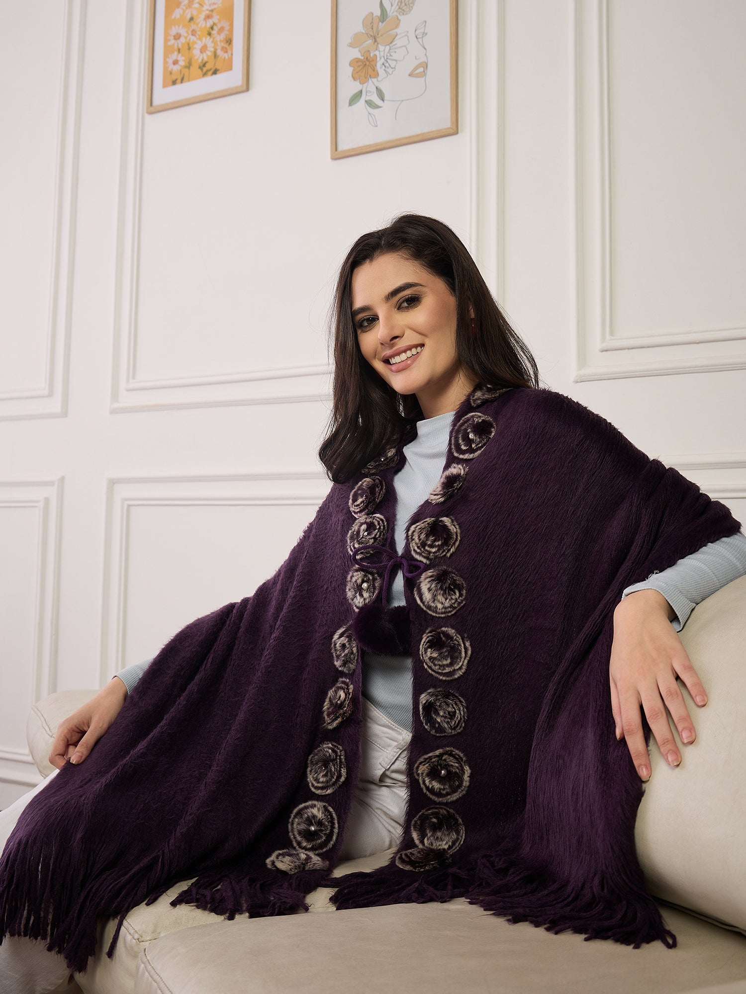 Purple Fur Pom-Pom Poncho