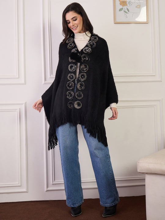 Black Fur Pom-Pom Poncho