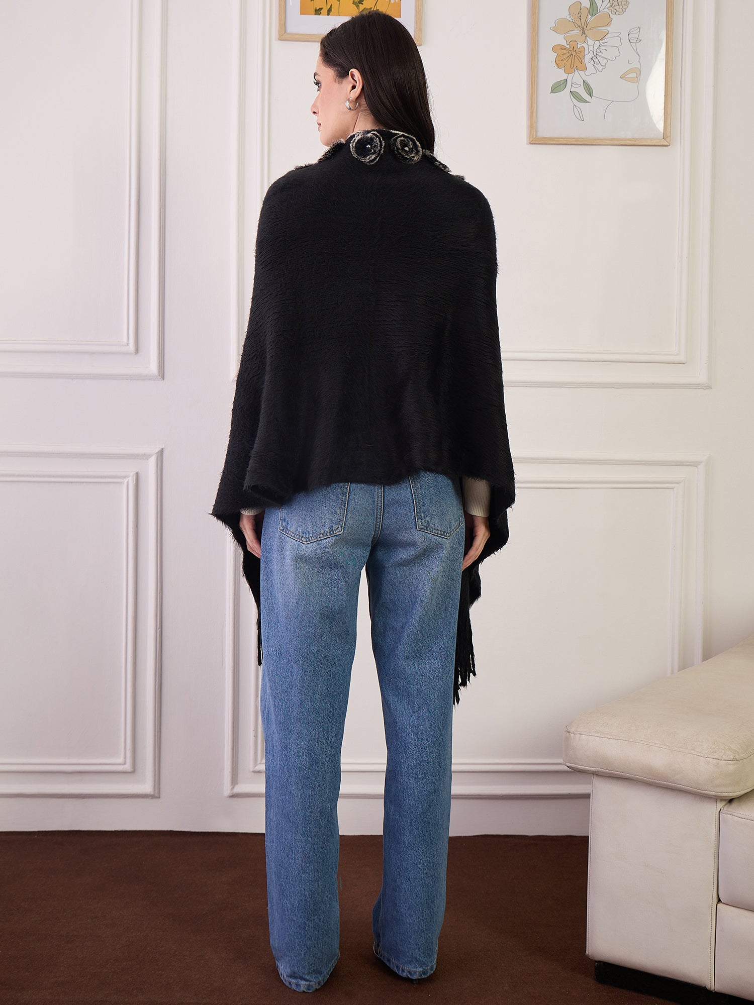 Black Fur Pom-Pom Poncho