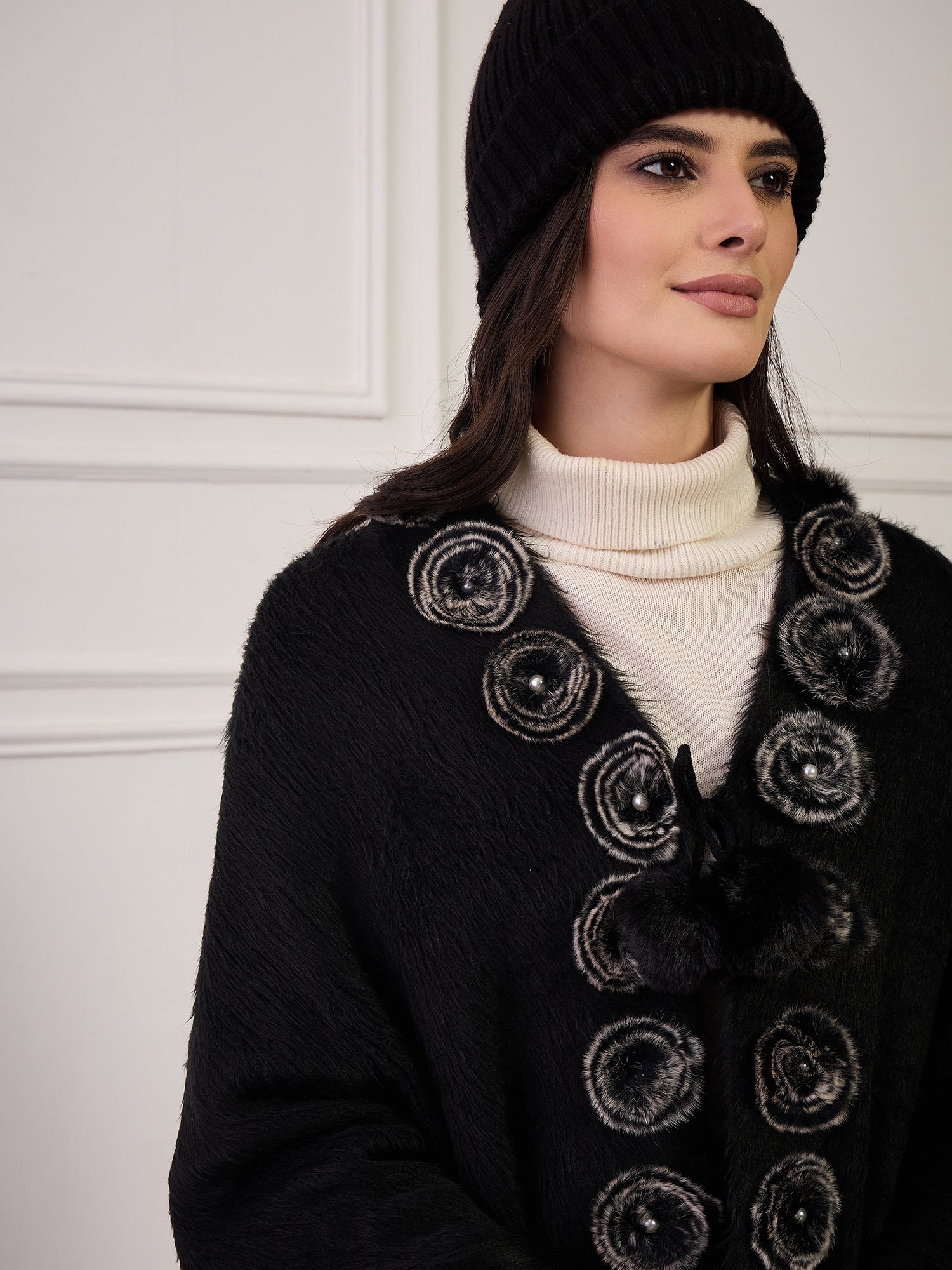 Black Fur Pom-Pom Poncho