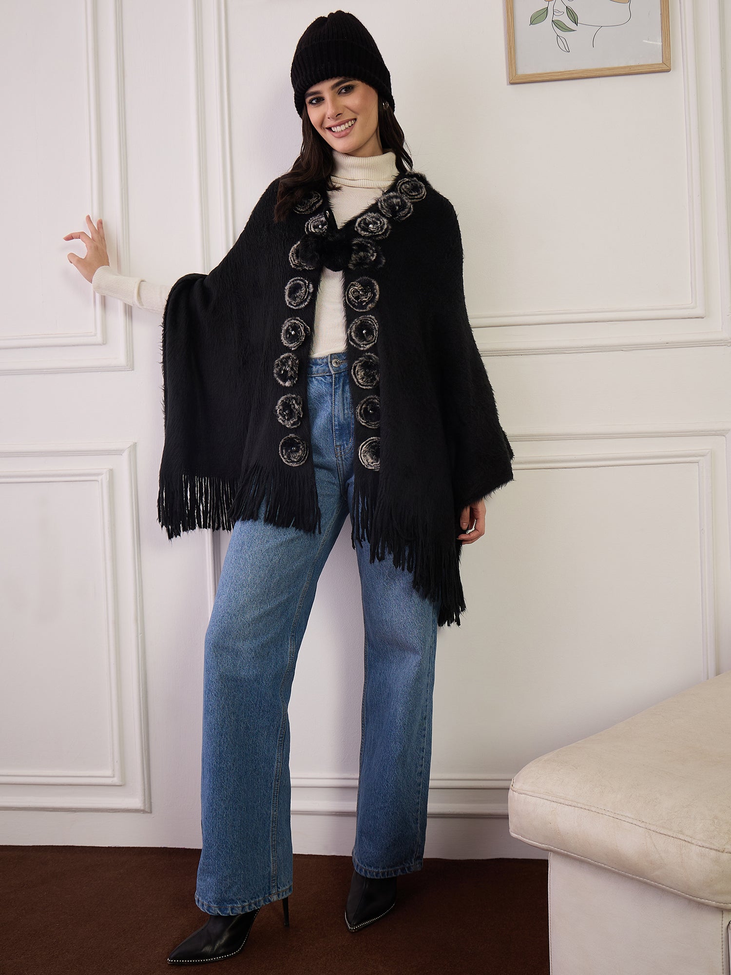 Black Fur Pom-Pom Poncho