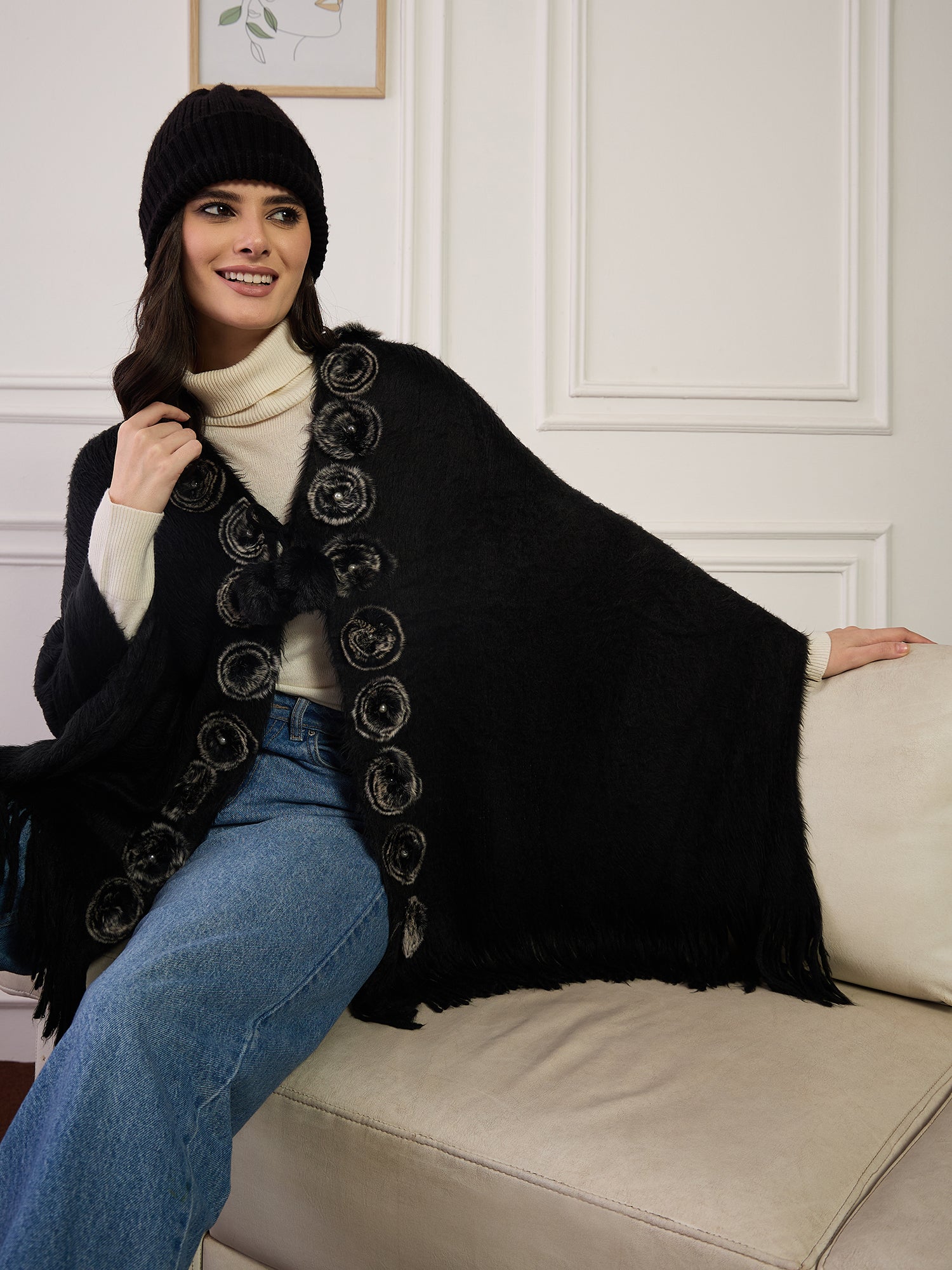 Black Fur Pom-Pom Poncho