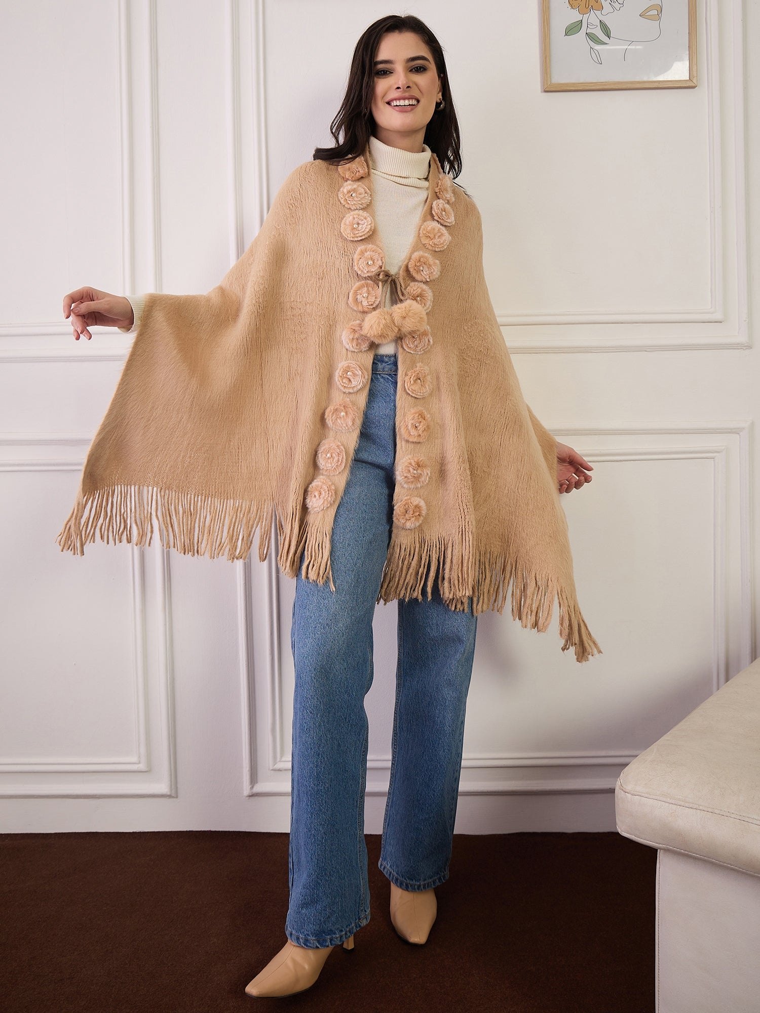 Beige Fur Pom-Pom Poncho