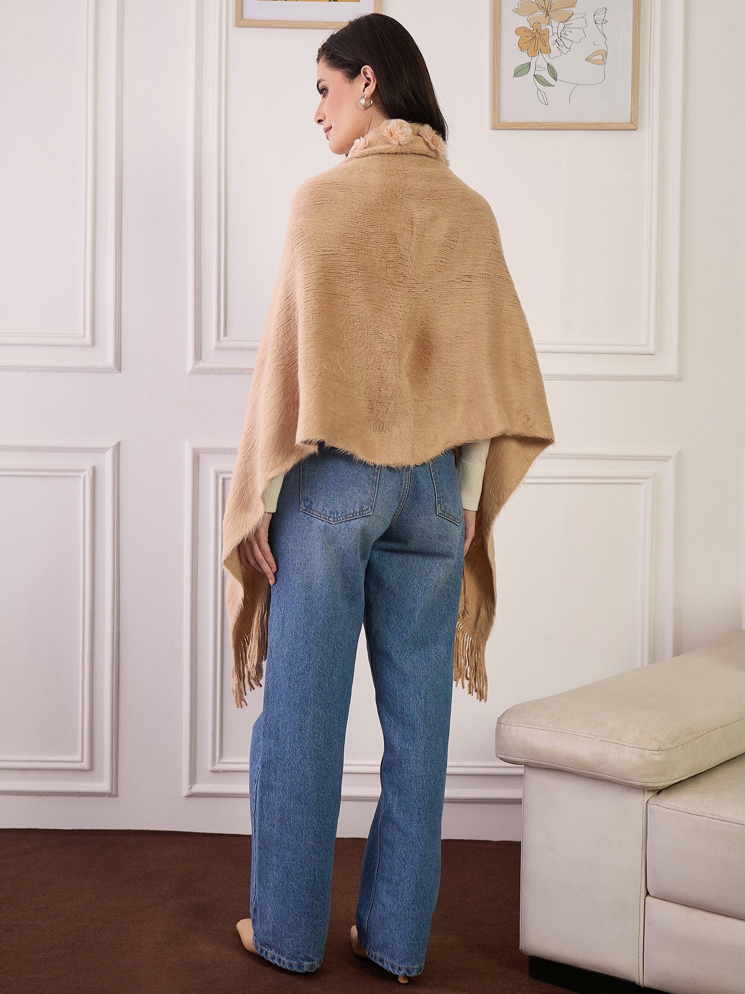 Beige Fur Pom-Pom Poncho