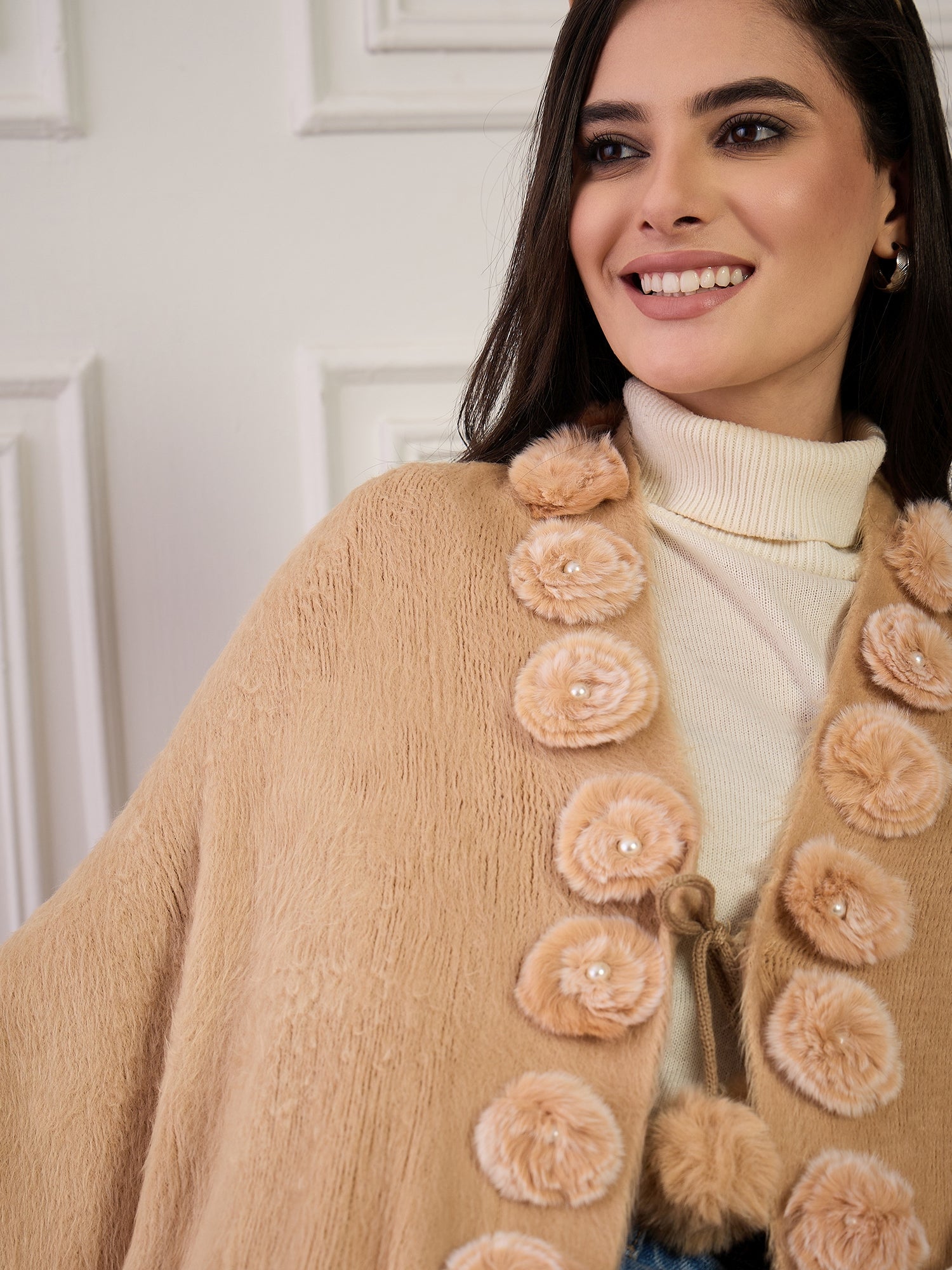 Beige Fur Pom-Pom Poncho