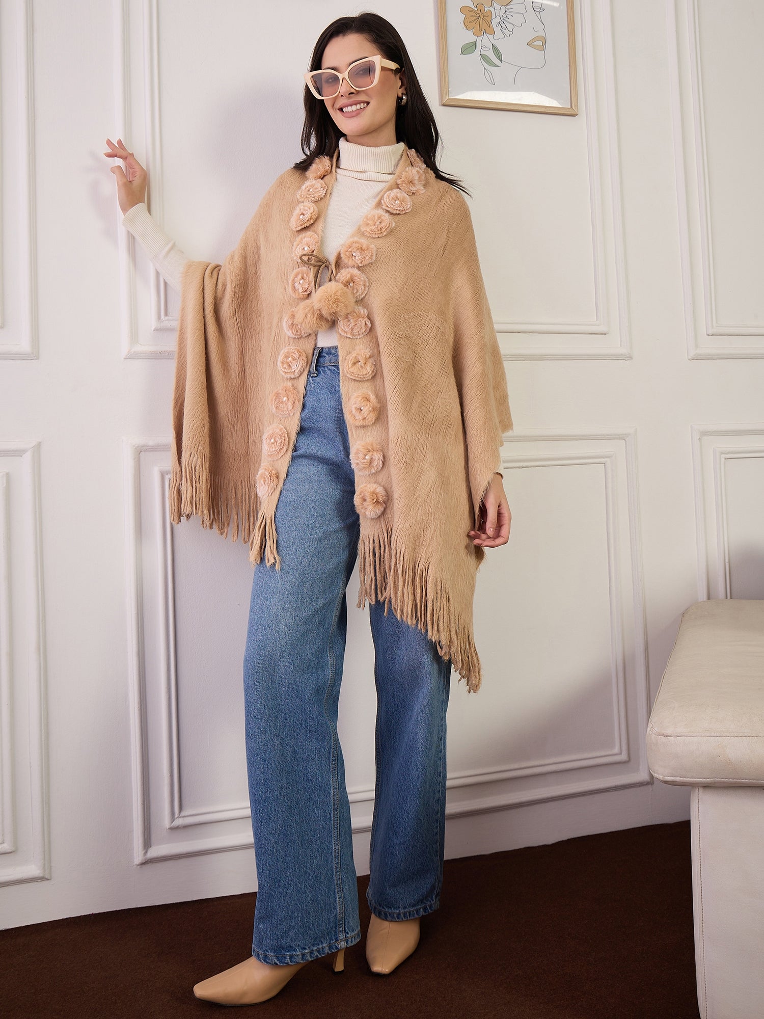 Beige Fur Pom-Pom Poncho