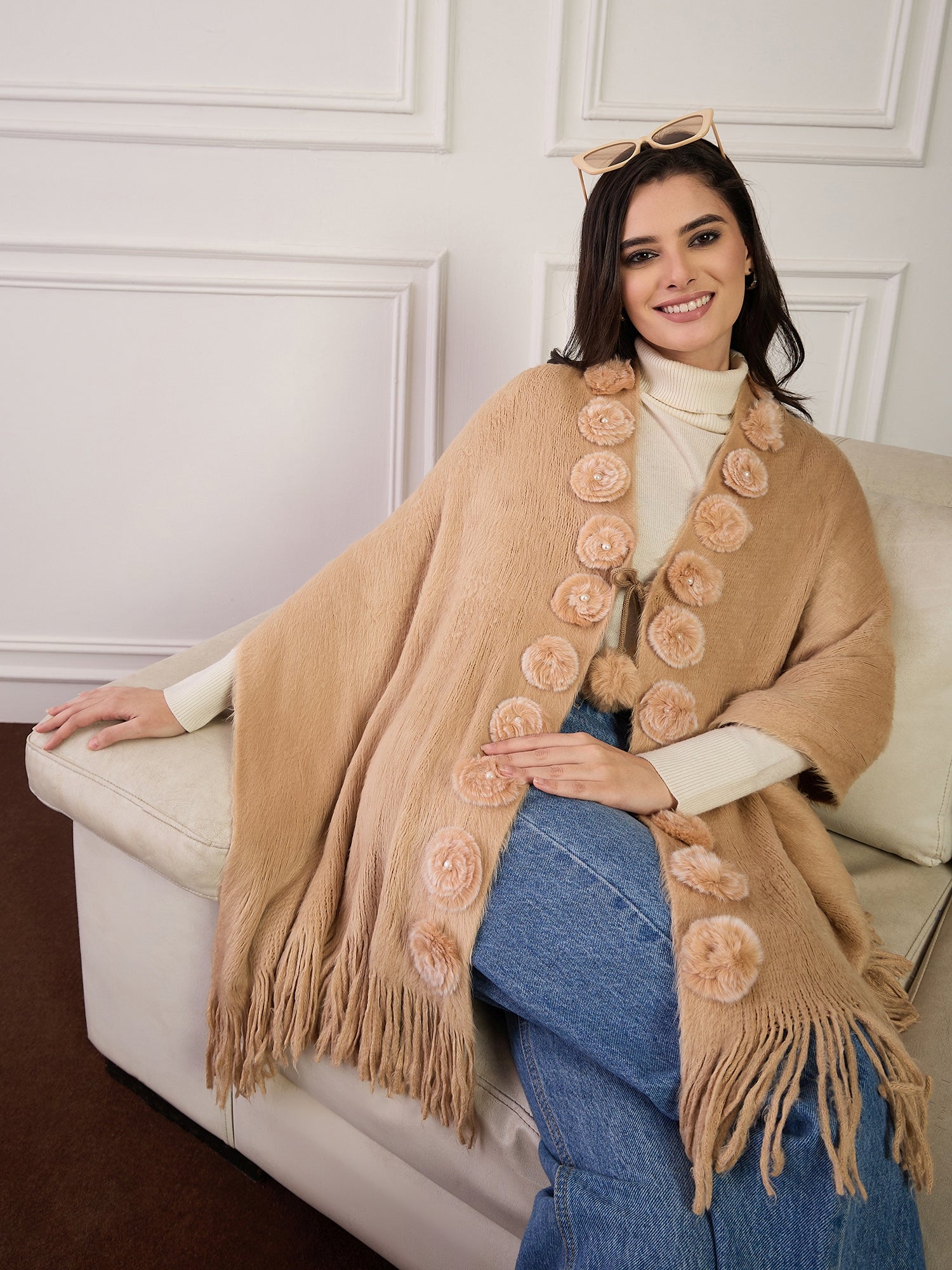 Beige Fur Pom-Pom Poncho
