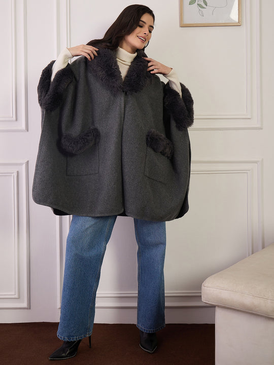 Dark Grey Boho Fur Poncho