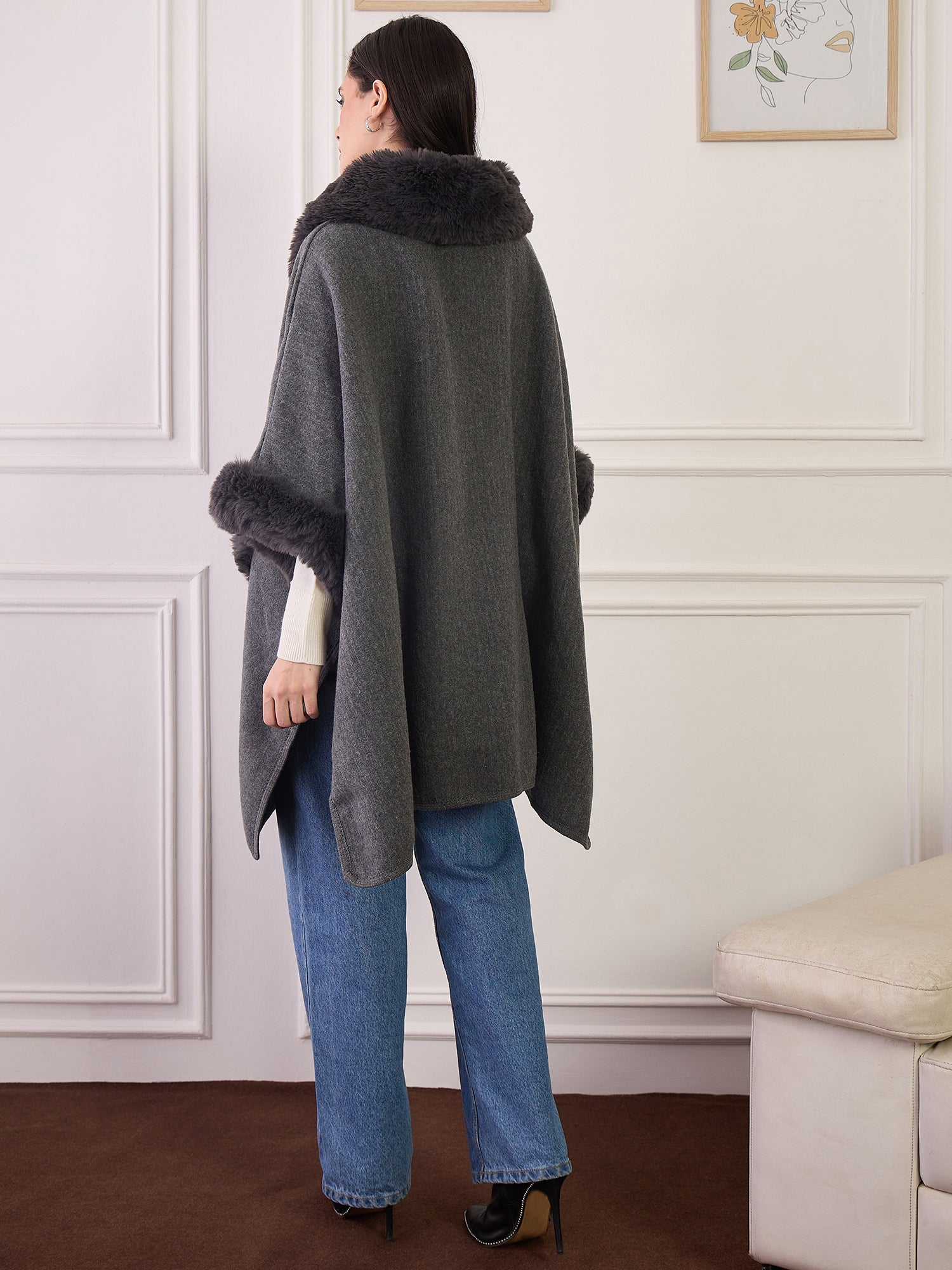 Dark Grey Boho Fur Poncho