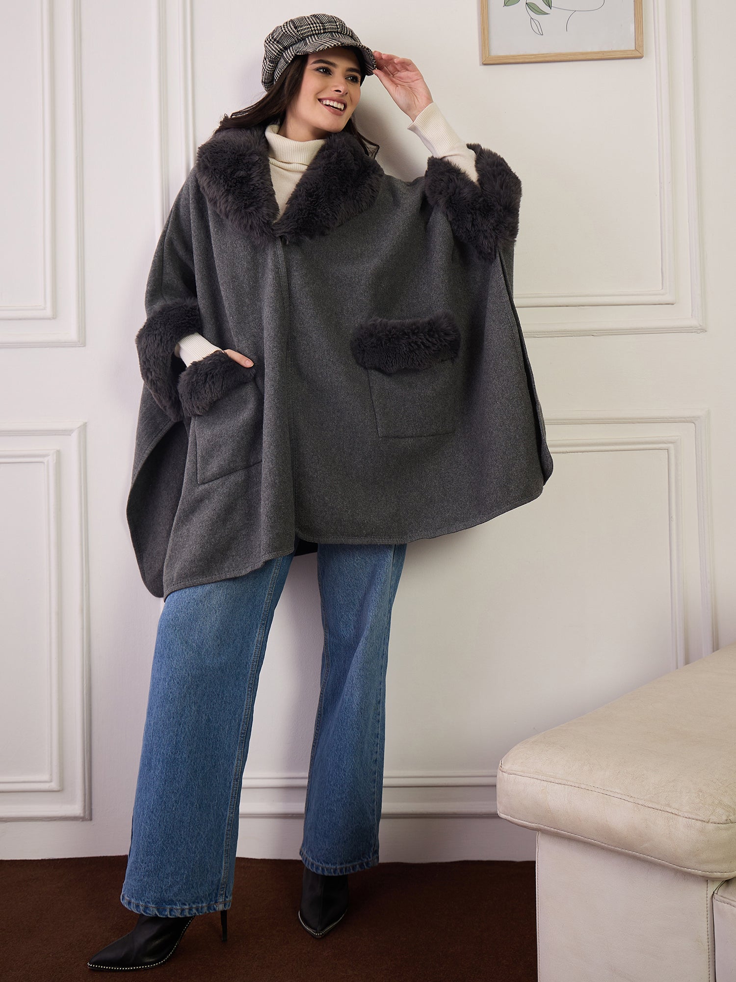 Dark Grey Boho Fur Poncho