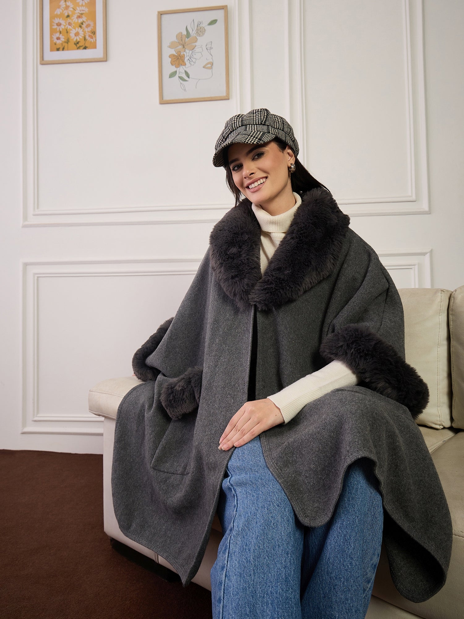 Dark Grey Boho Fur Poncho