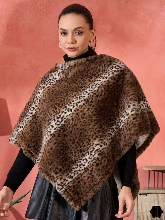 Brown Leopard Rabbit Faux Fur Poncho