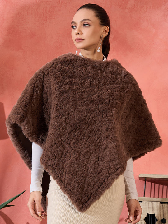 Dull Brown Rabbit Faux Fur Poncho