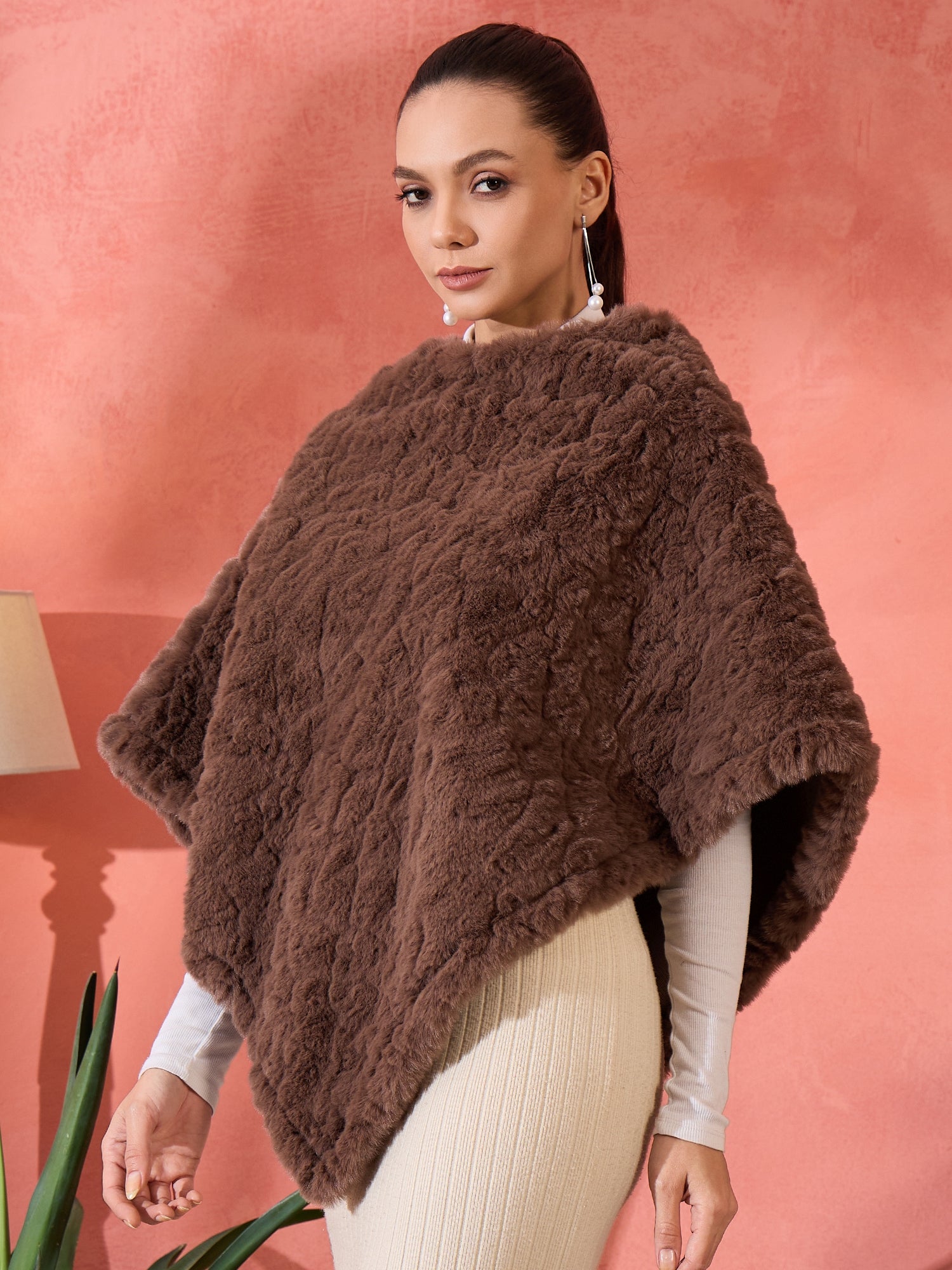 Dull Brown Rabbit Faux Fur Poncho InWeave - Main Image
