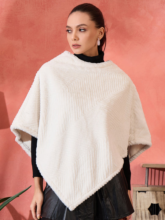 Cream Striped Rabbit Faux Fur Poncho