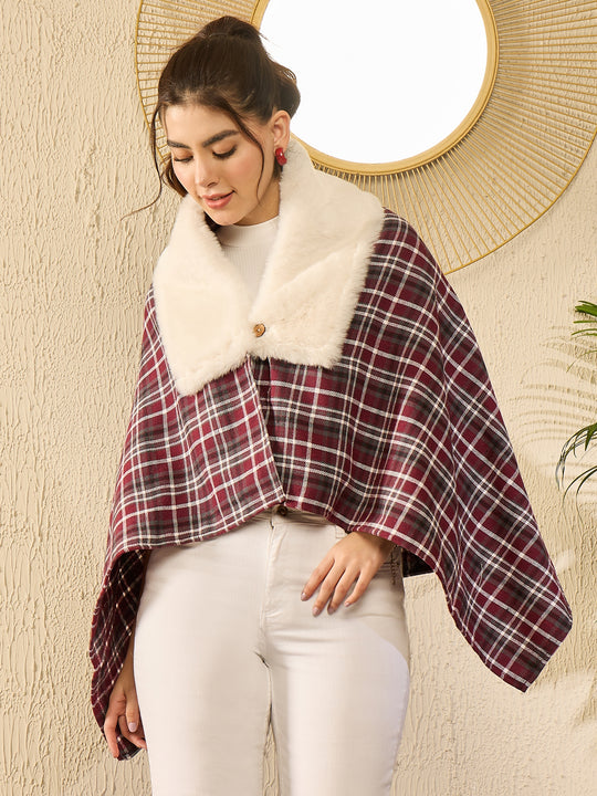 Burgundy Grey Check Cream Fur Poncho