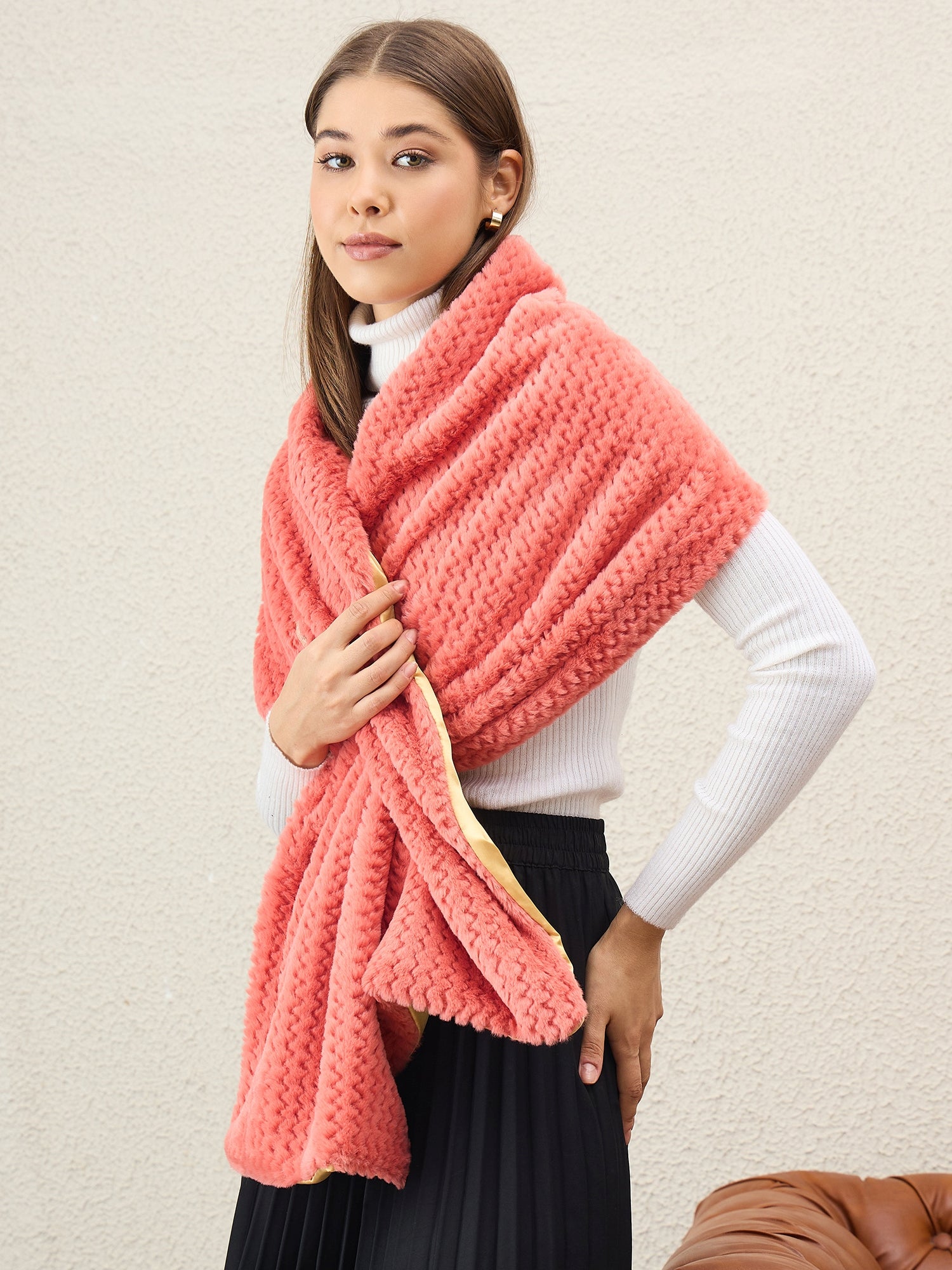 Dark Peach Texture Fur Cape