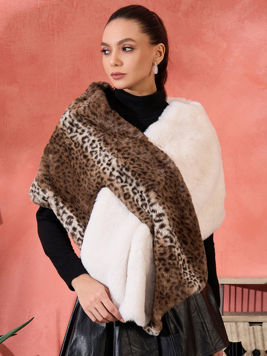 Brown Leopard Half White Rabbit Faux  Fur Cape