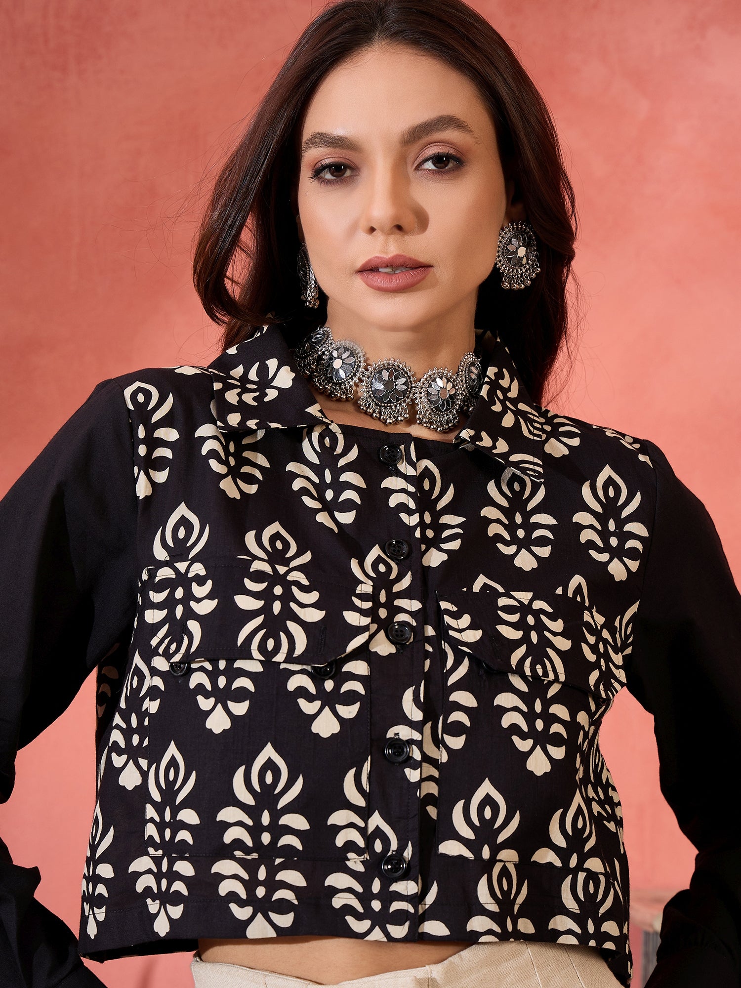 Black White Block Print Pocket Jacket