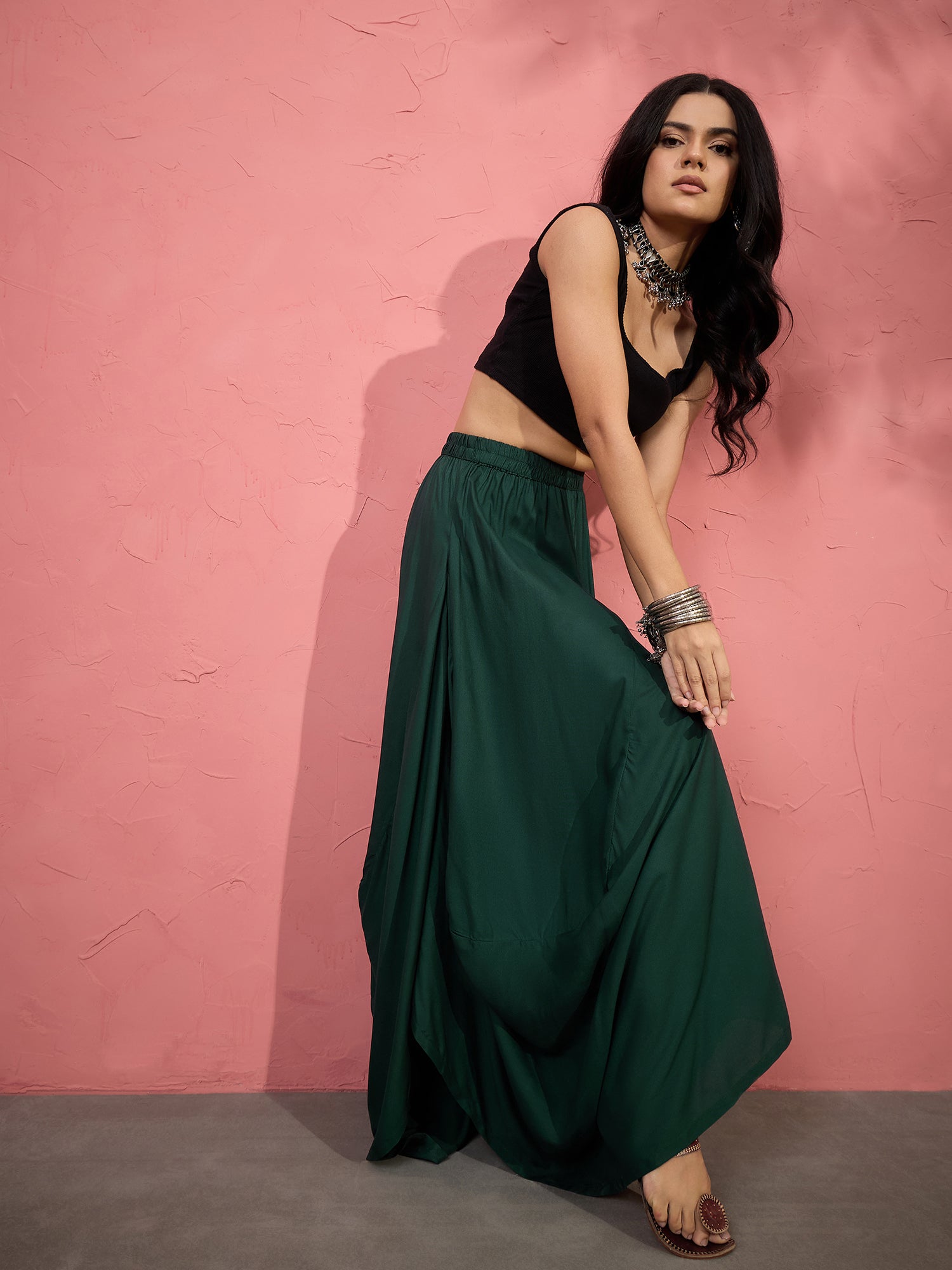 Dark Green Cowl Dhoti Skirt