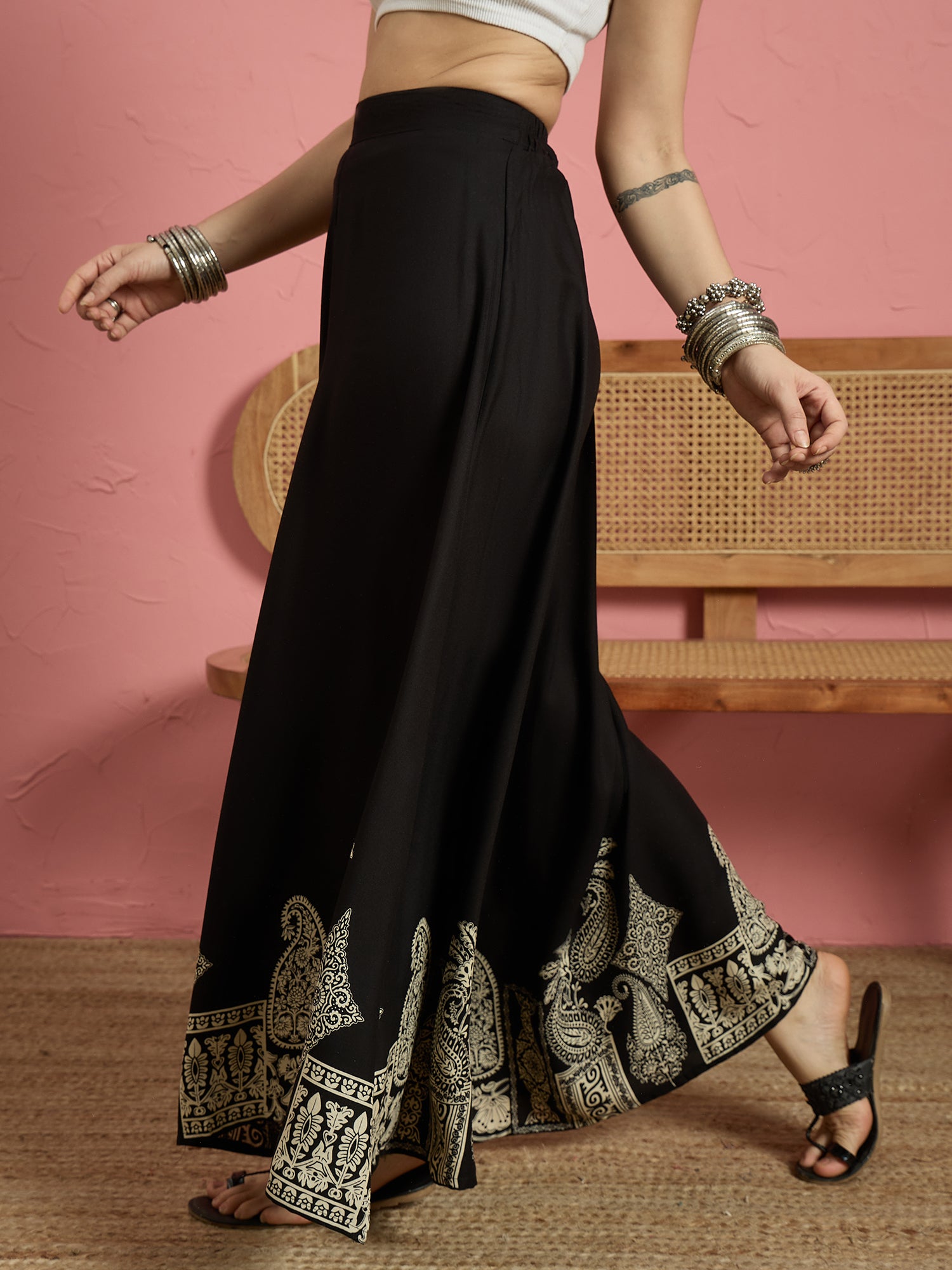 Black Beige Border A Line Skirt (To be dispatched in 7 -10 days)