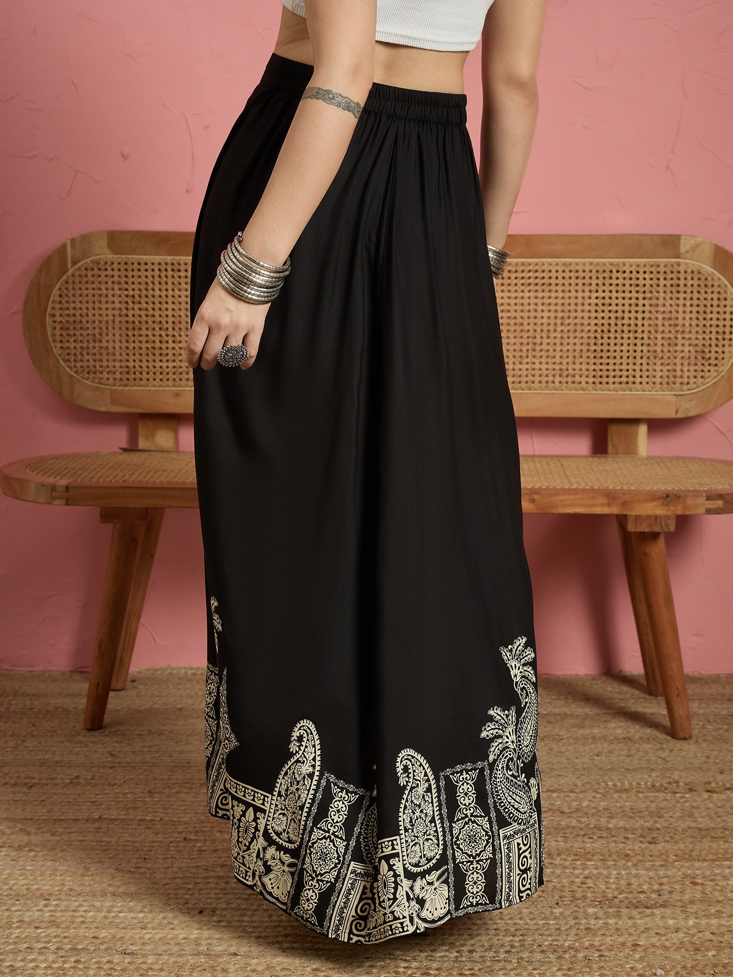 Black Beige Border A Line Skirt (To be dispatched in 7 -10 days)