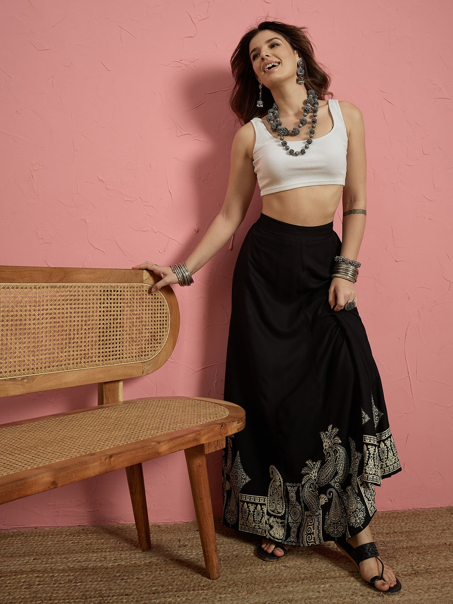 Black Beige Border A Line Skirt (To be dispatched in 7 -10 days)