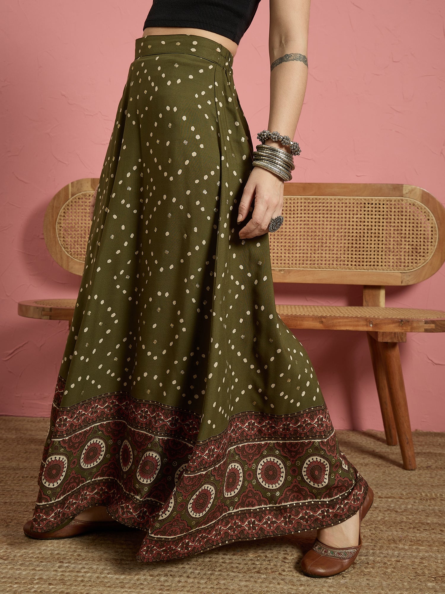 Green Dot Border A Line Skirt (To be dispatched in 7 -10 days)