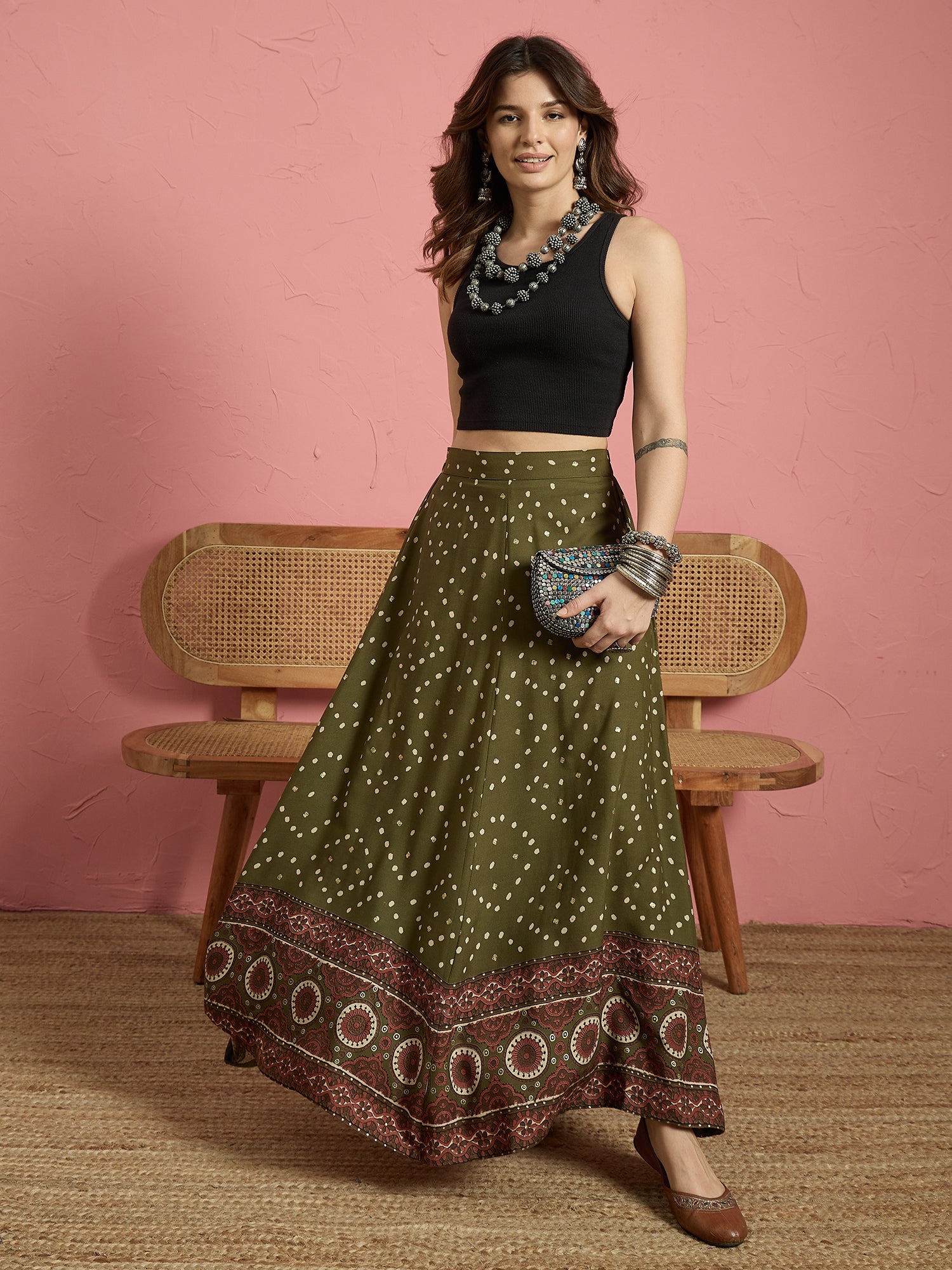 Green Dot Border A Line Skirt (To be dispatched in 7 -10 days)