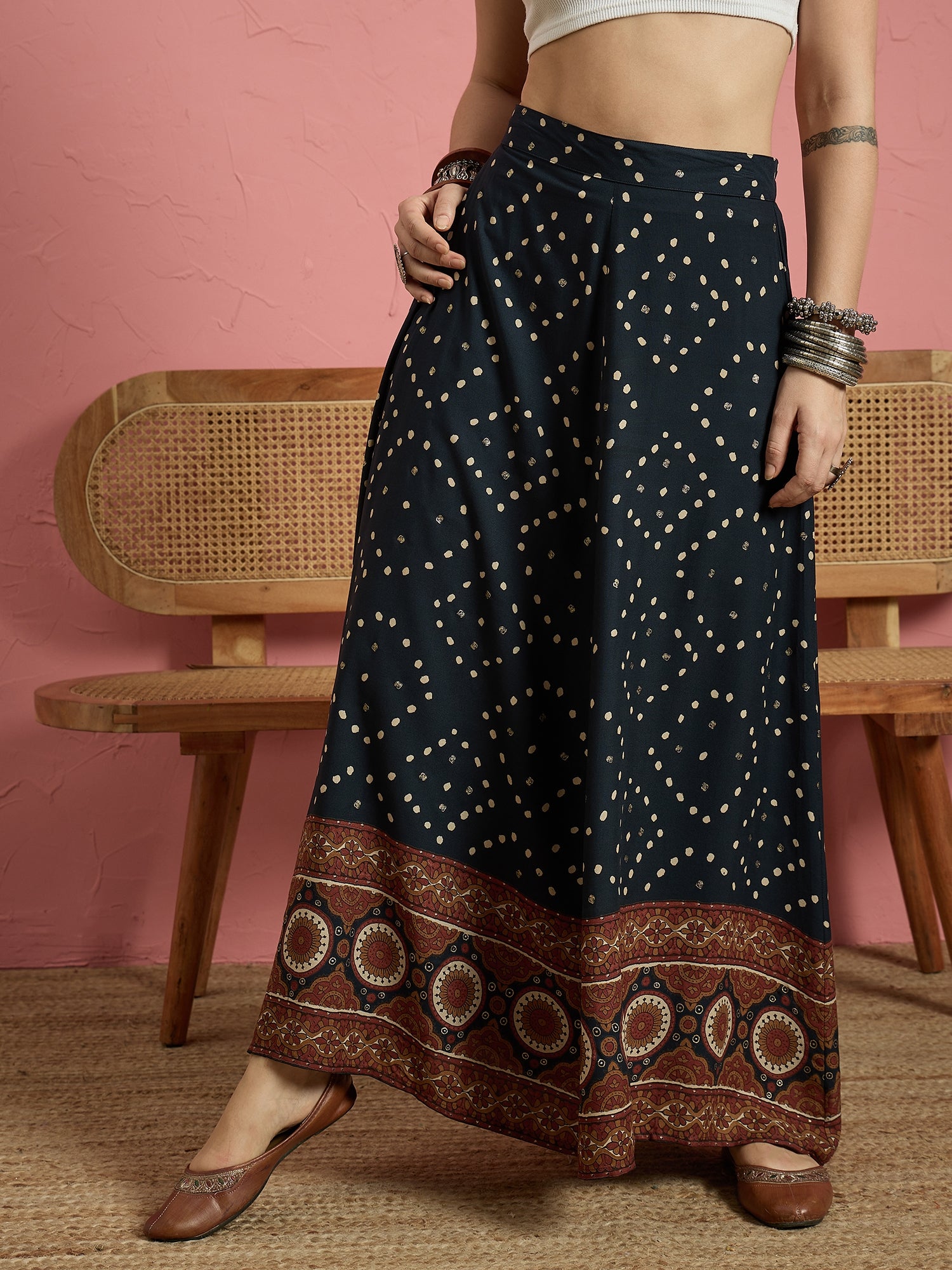 Dark Teal Dot Border A Line Skirt (To be dispatched in 7 -10 days)