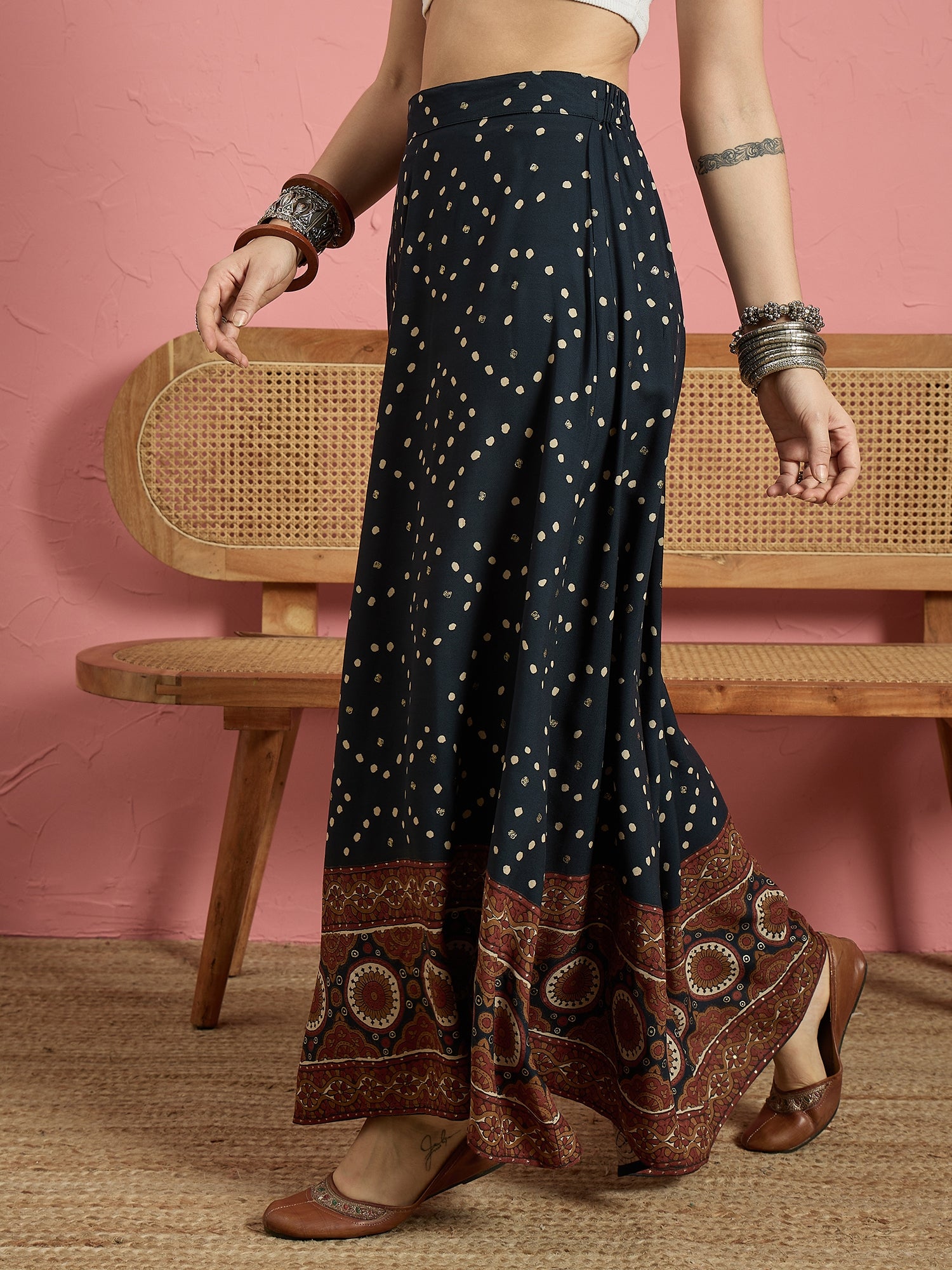 Dark Teal Dot Border A Line Skirt (To be dispatched in 7 -10 days)