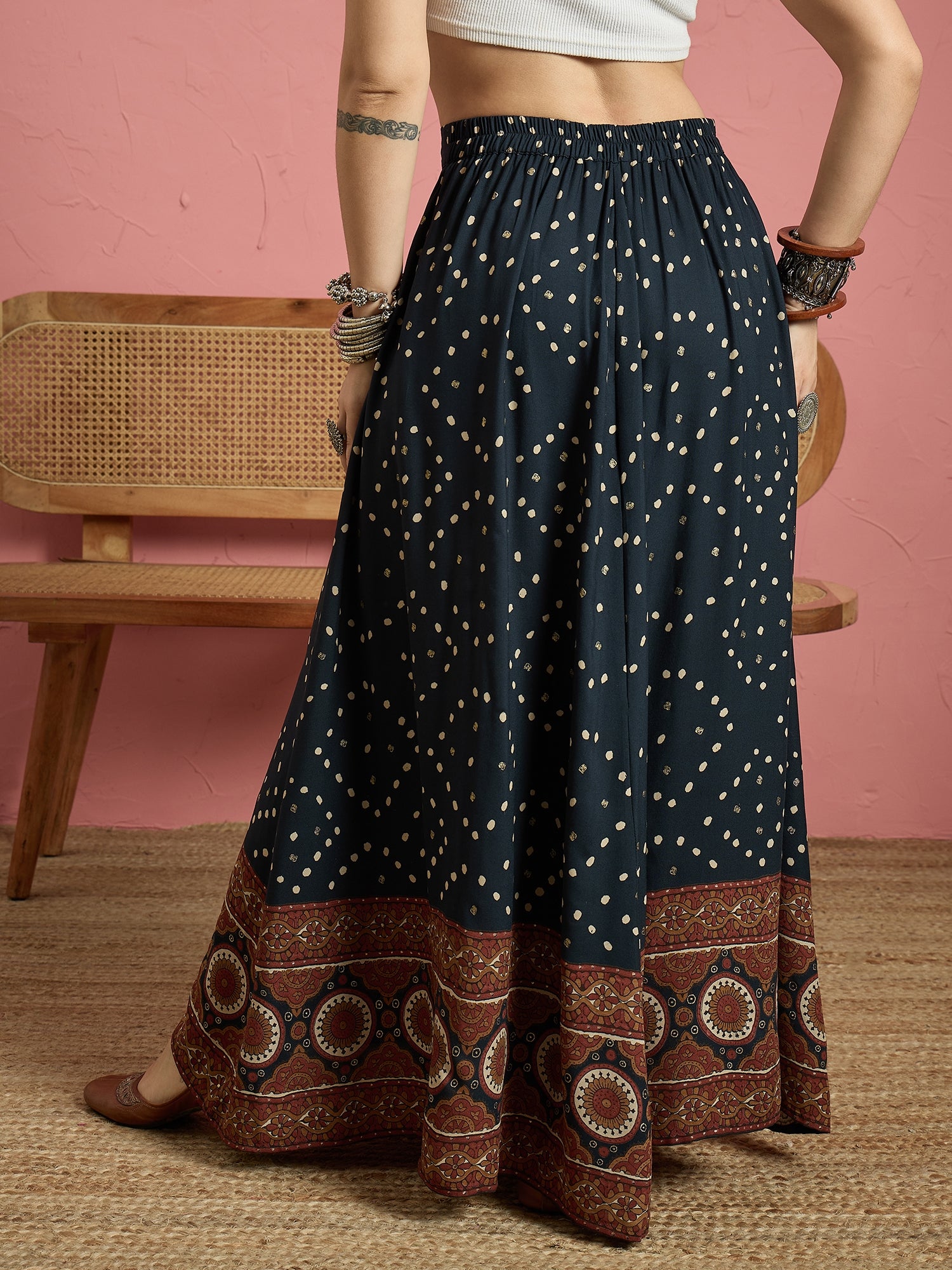 Dark Teal Dot Border A Line Skirt (To be dispatched in 7 -10 days)