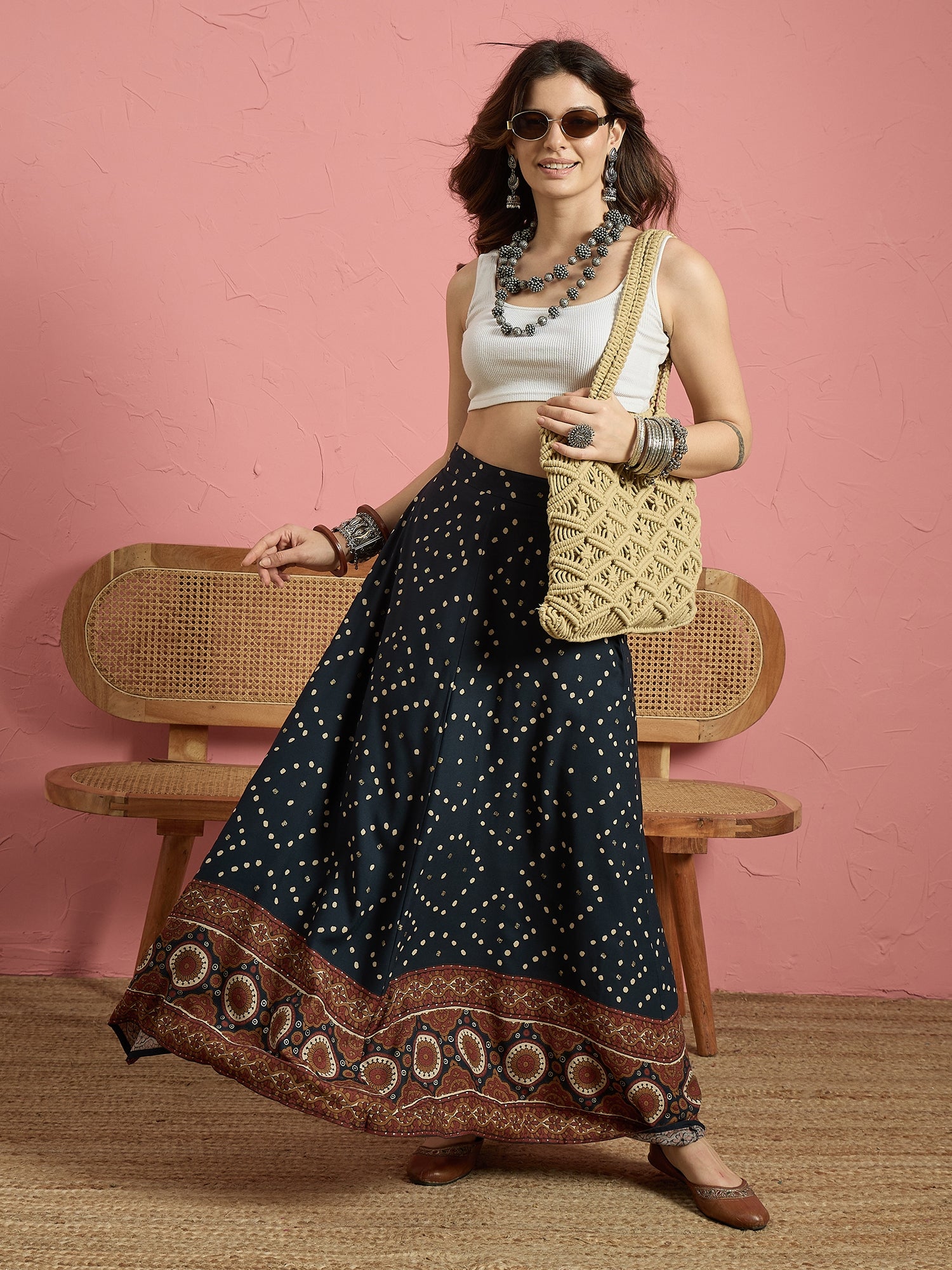 Dark Teal Dot Border A Line Skirt (To be dispatched in 7 -10 days)