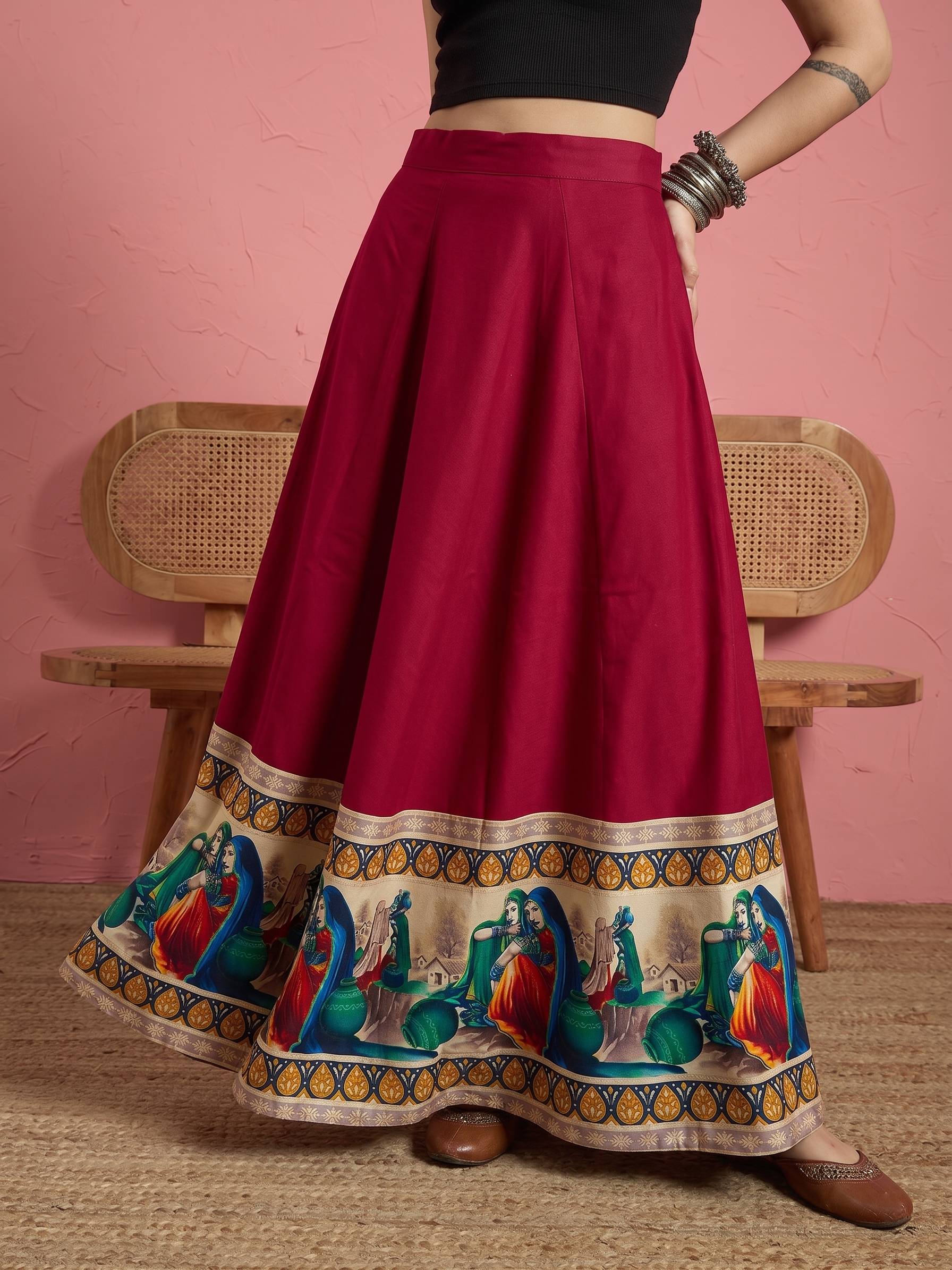 Maroon Art Border A-Line Skirt (To be dispatched in 7 -10 days)