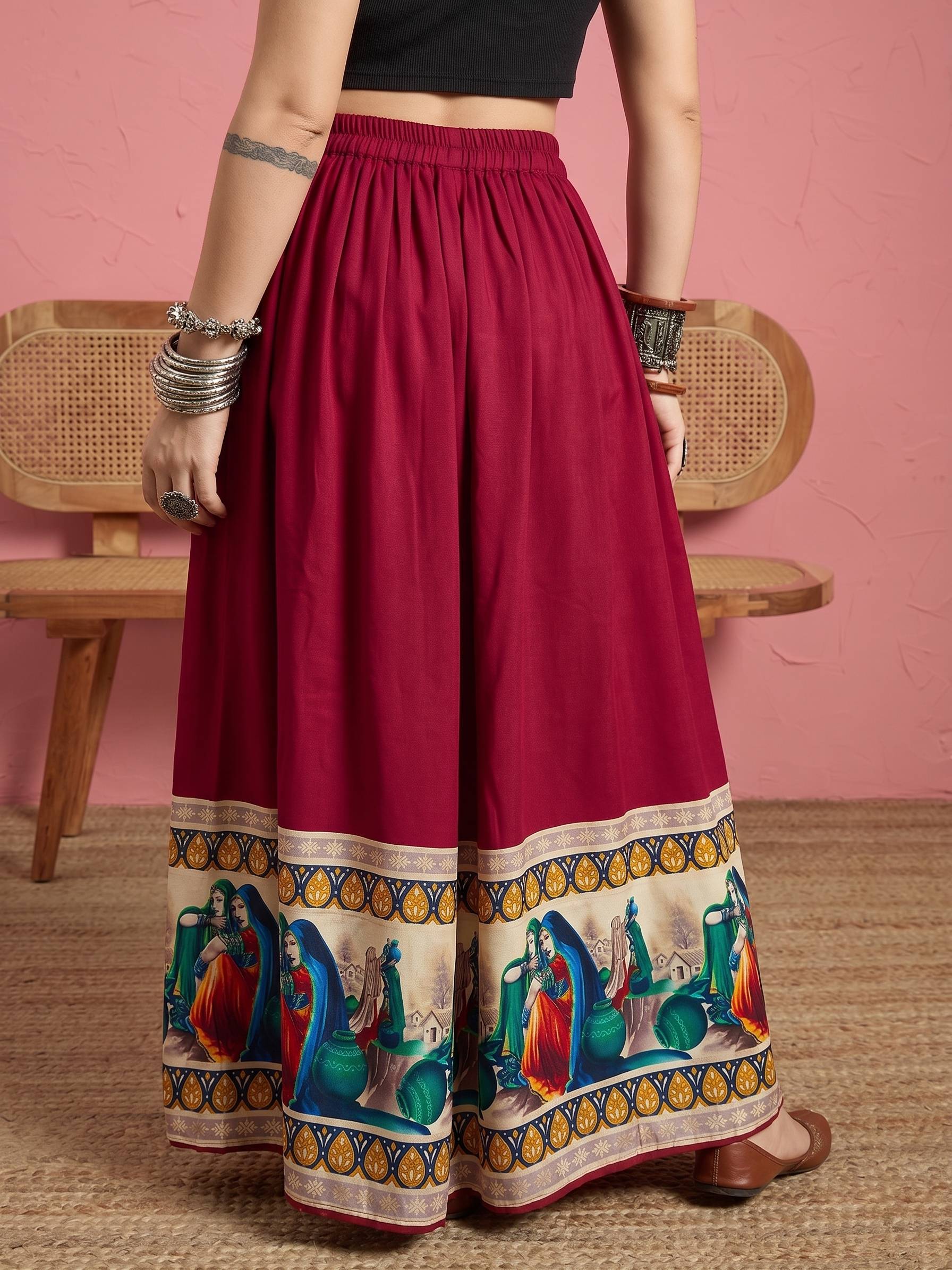 Maroon Art Border A-Line Skirt (To be dispatched in 7 -10 days)