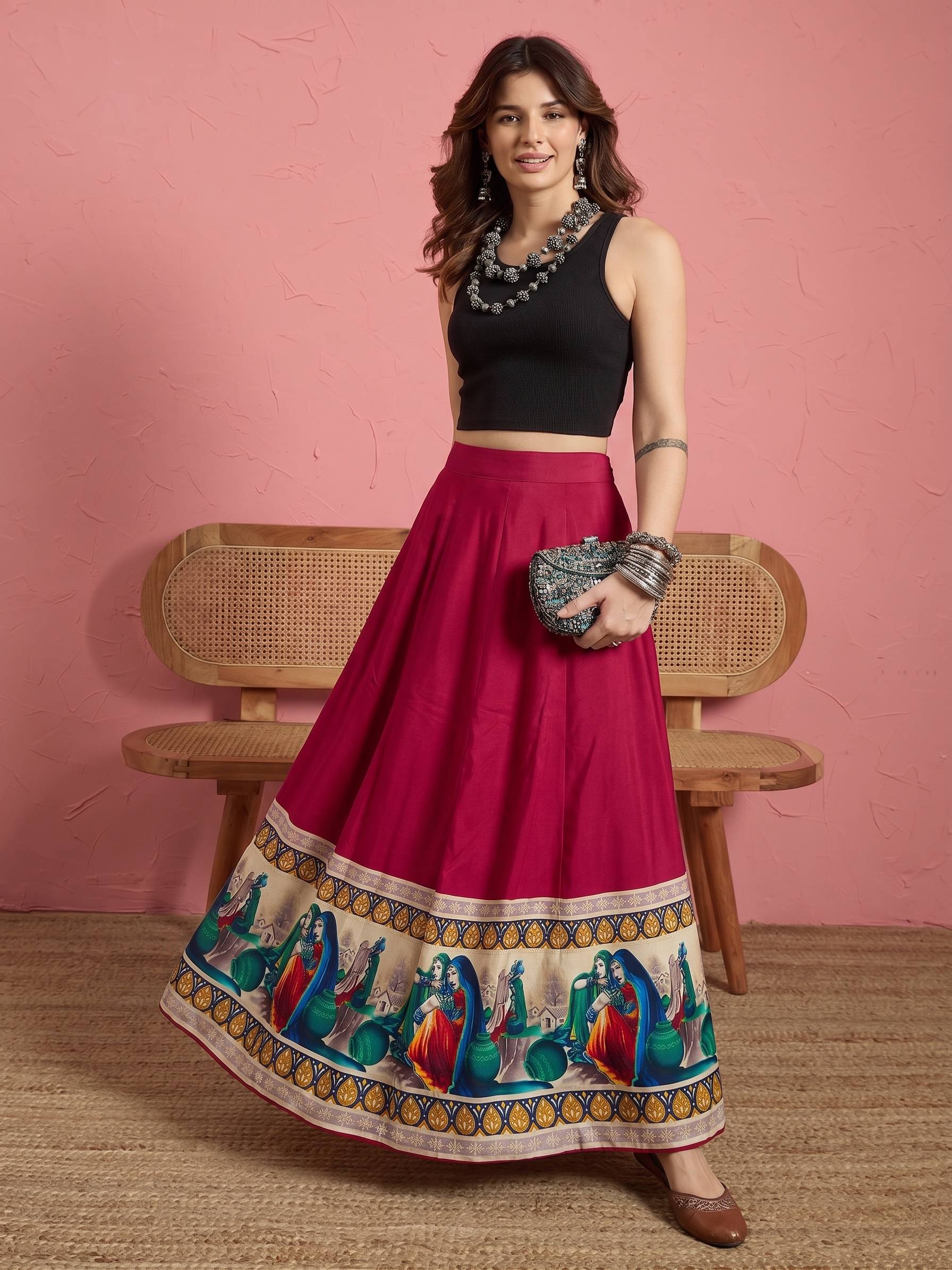 Maroon Art Border A-Line Skirt (To be dispatched in 7 -10 days)