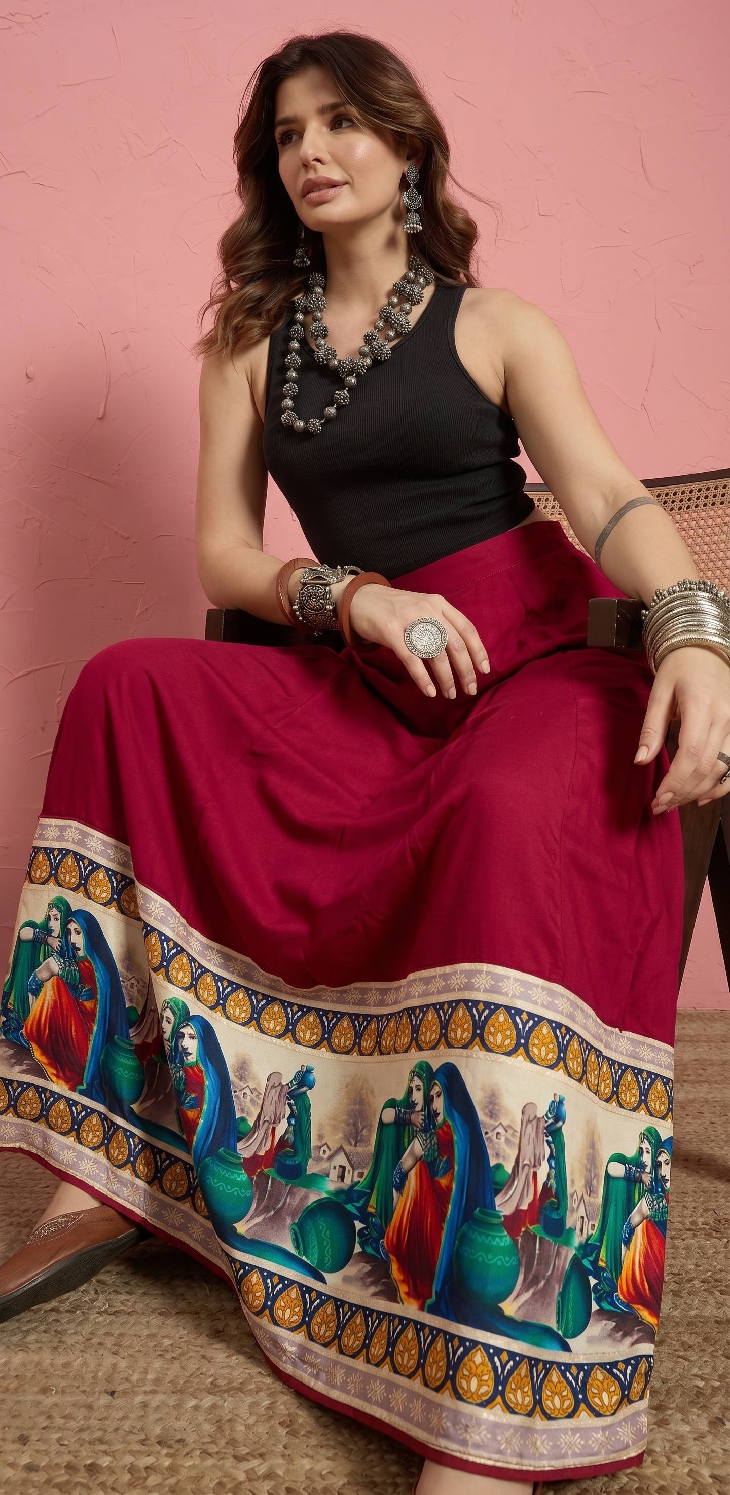 Maroon Art Border A-Line Skirt (To be dispatched in 7 -10 days)