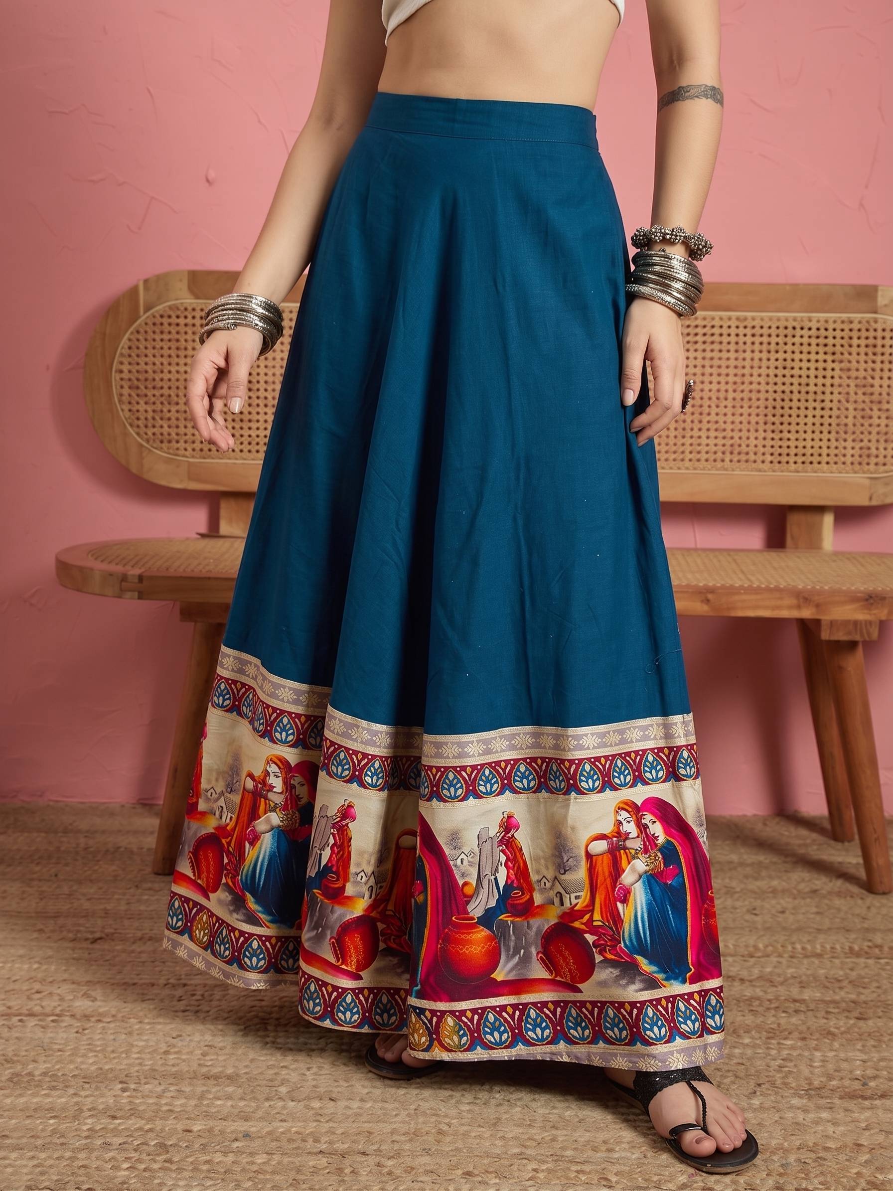 Peacock Teal Art Border A-Line Skirt (To be dispatched in 7 -10 days)