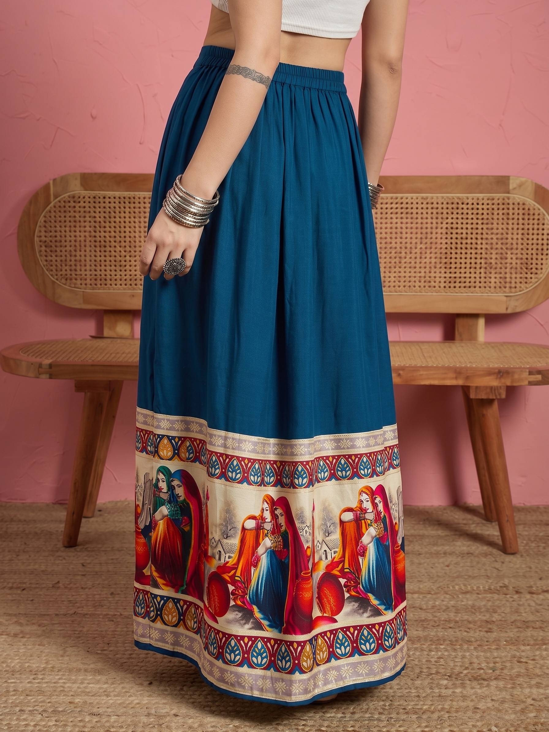 Peacock Teal Art Border A-Line Skirt (To be dispatched in 7 -10 days)