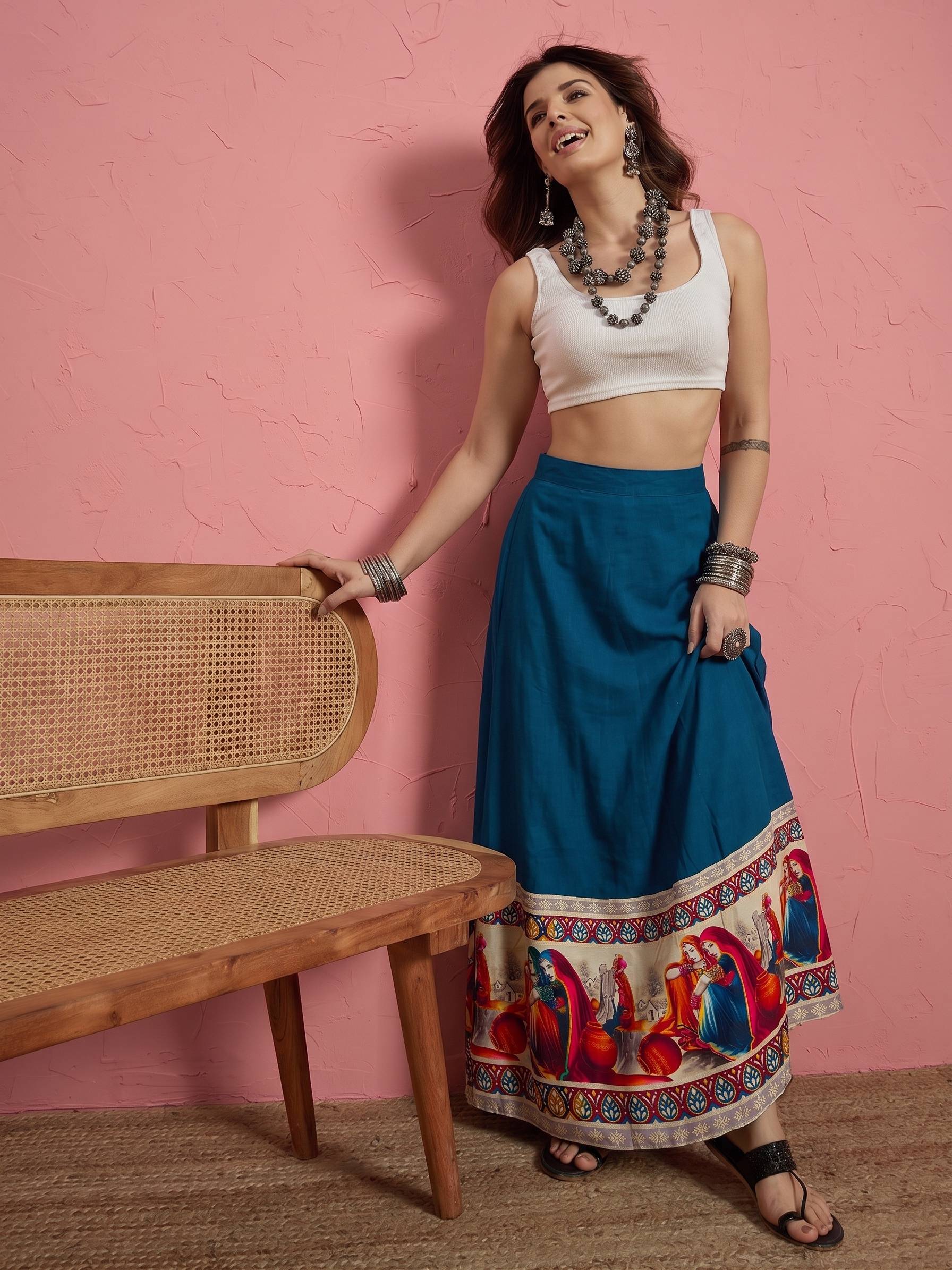 Peacock Teal Art Border A-Line Skirt (To be dispatched in 7 -10 days)