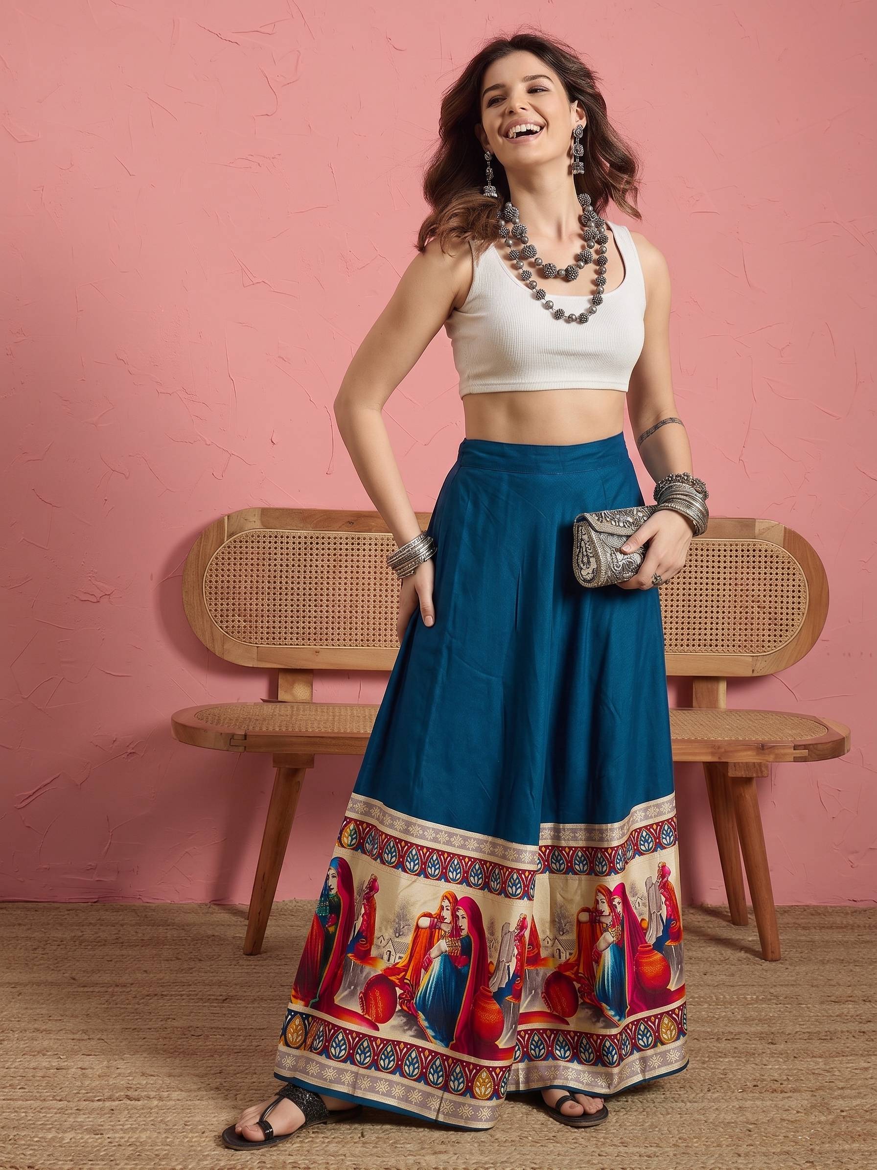 Peacock Teal Art Border A-Line Skirt (To be dispatched in 7 -10 days)